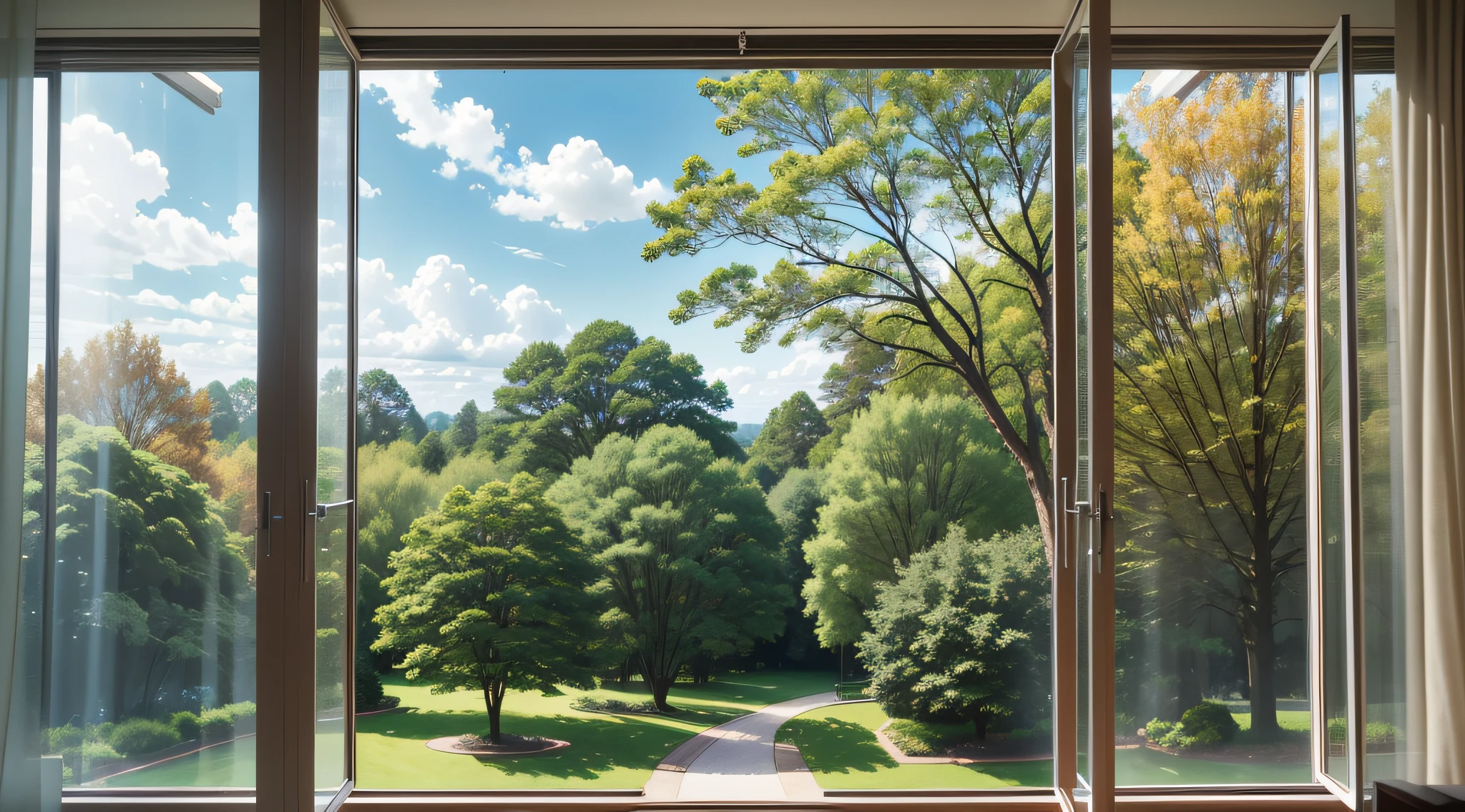 Pleasant environment, view from the window, looking through the window, trees in the background, trees in the background, trees, trees outside, scenery from the window, landscape shooting, trees in the foreground, parks and gardens, park in the background, window view, various trees behind, nature outside, realistic style --auto --s2