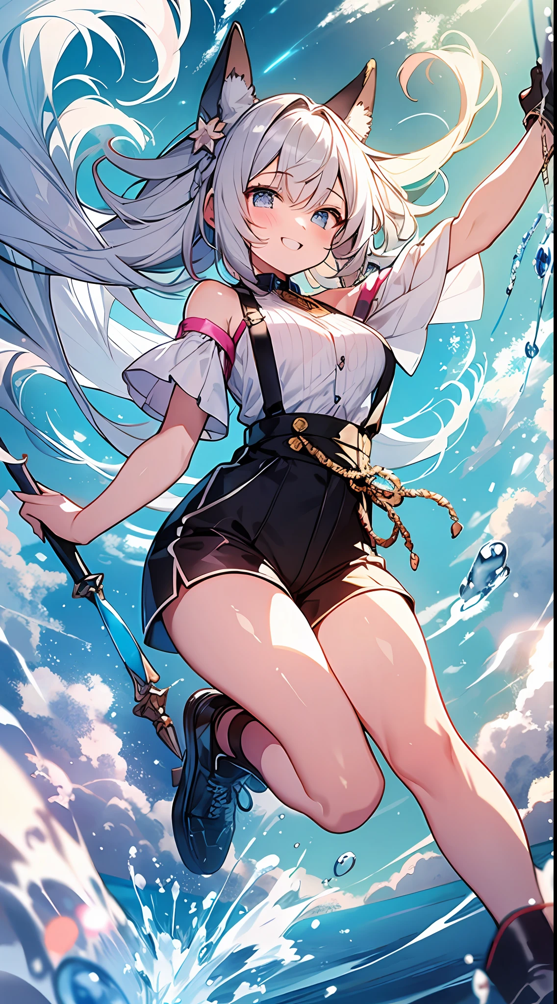 Top Quality, Masterpiece, High Resolution, 8k, Pastel Color, Light Shirt and Hot Pants and Anime Style , One Girl, Pretty Pose, Detailed Line Art, Bright White and Bright Amber Style, Frolic, Digital Enhancement, Close Up, Anime Core, Flowing Fabric, Hair Length and Short Braids to Shoulders, Beautiful Hair, Big Smile, Full Body Angle, Jumping