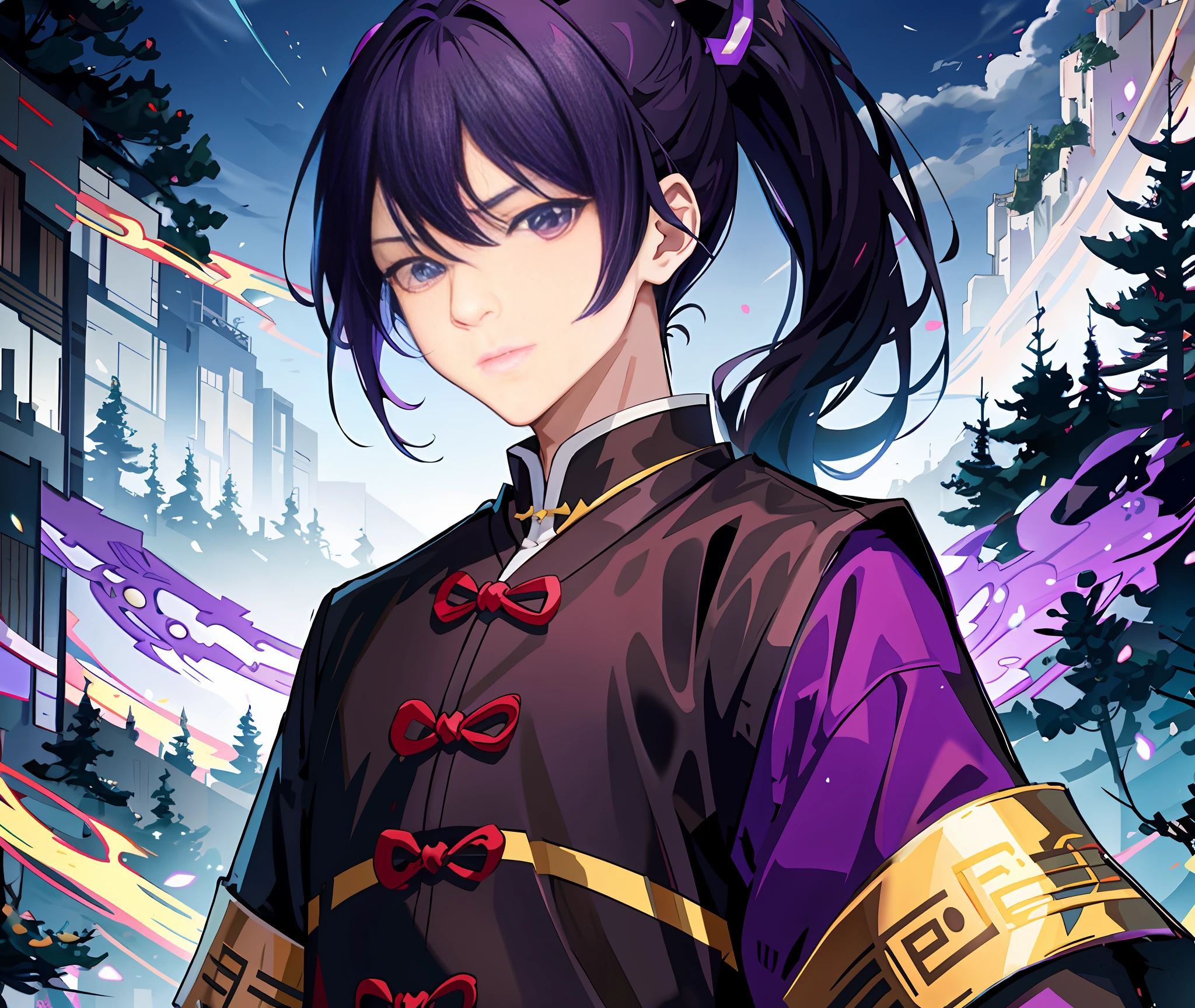 Anime boy standing in front of the city with ponytail purple costume, Kokiyo from Genshin Impact, Black-haired Mage, Genshin Impact Naka, Ayaka Genshin Impact, Anime Moe Art Style, Demon Slayer Rui Doujin Art, Anime Style 4 K, Hirase Jinyao, G Larious Art Style, Anime Art Wallpaper 4K