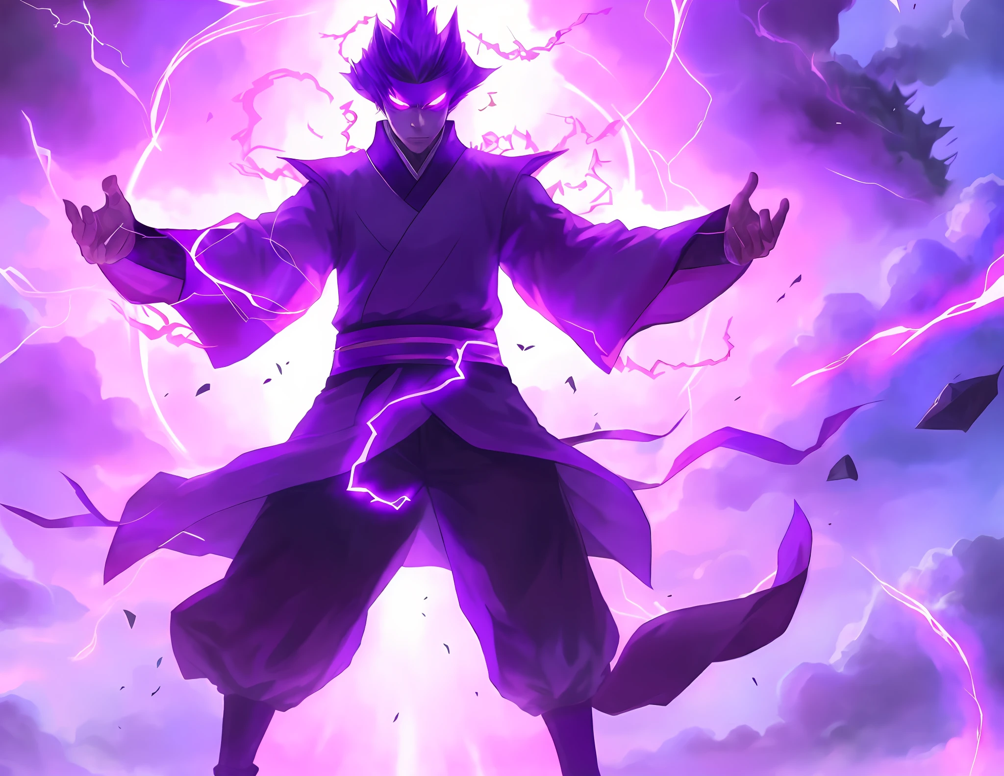 anime character with lightning in the background, badass anime 8 k, heise jinyao, evil sorcerer, evil aura, purple lightning, joker as naruto, an epic majestical degen trader, keqing from genshin impact, he is casting a lighting spell, evil male sorcerer, full portrait of electromancer, aura of power. detailed