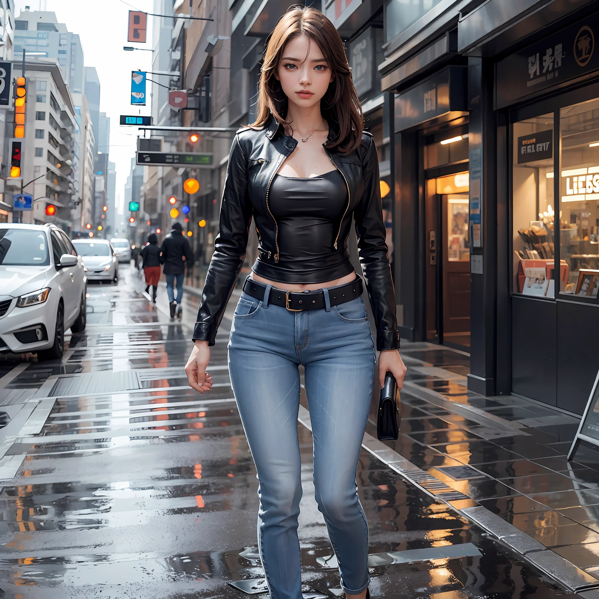 8k, Best Quality, (Beauty), High Resolution, Realistic, Real Person, (1 Girl: 1.5), (Solo: 1), Physically Based Rendering, Ultra High Definition, (Full Body: 1.5), Narrow Waist, Skinny, LeonAms, Muscular, Big Blue Eyes, Long Legs, Jeans, Leather Belt, (Rain City), Glossy Skin, Facing Viewer, Winning Posture,
