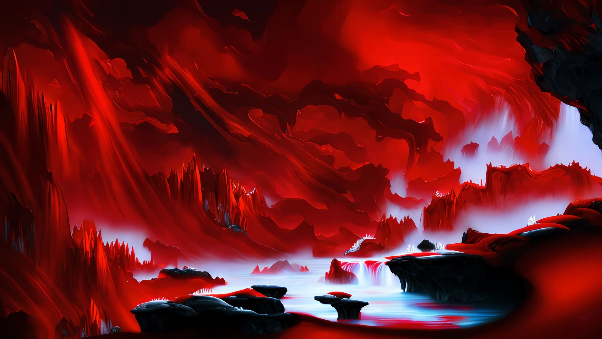 arafed red and white abstract painting of a waterfall, red lava rivers, red glowing streams of lava, bloody river in hell, red narrow lava rivers, red fluid, background of a lava river, glowing red veins, red glowing veins, turbulent blood lake, flowing lava, lava rivers, streams of glowing hot lava, rivers of blood, lava river, red veins