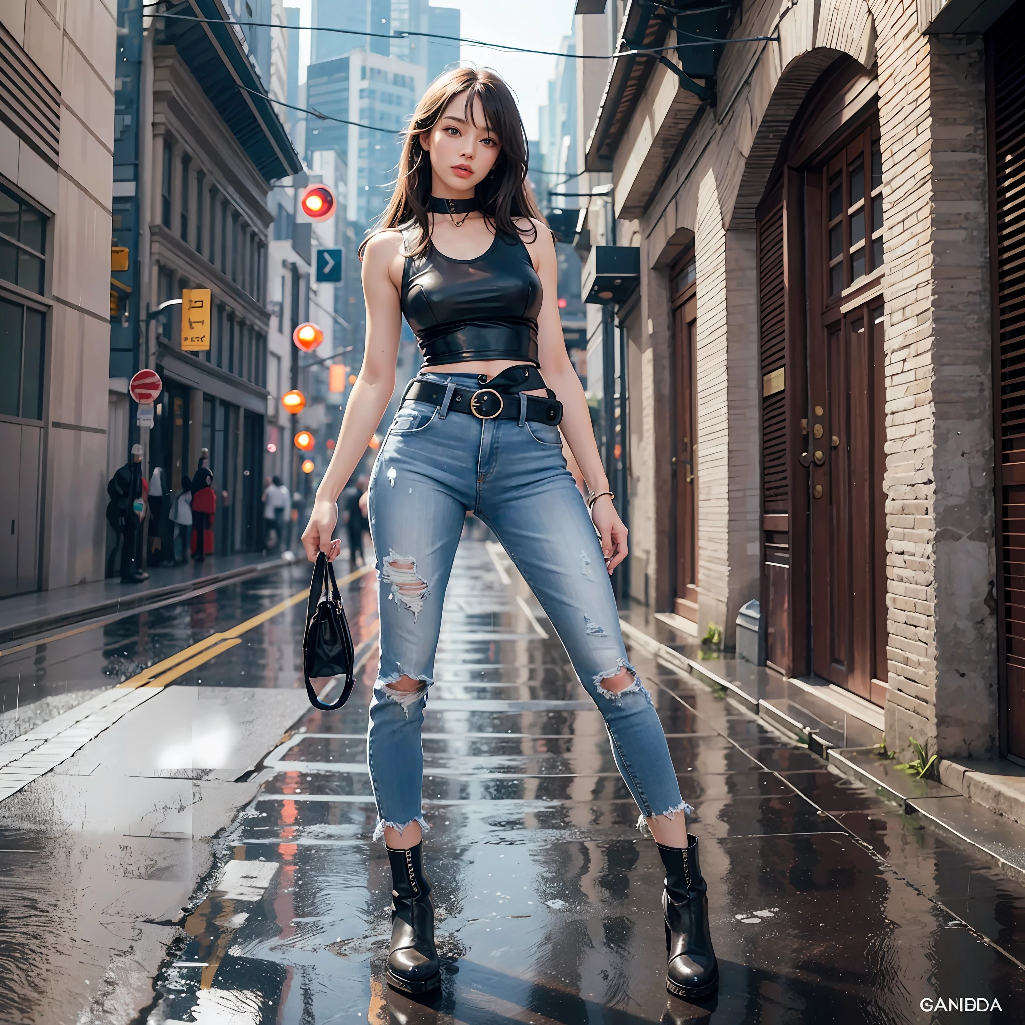 8k, Best Quality, (Beauty), High Resolution, Realistic, Real Person, (1 Girl: 1.5), (Solo: 1), Physically Based Rendering, Ultra High Definition, (Full Body: 1.5), Narrow Waist, Skinny, LeonAms, Muscular, Big Blue Eyes, Long Legs, Jeans, Leather Belt, (Rain City), Glossy Skin, Facing Viewer, Winning Posture,