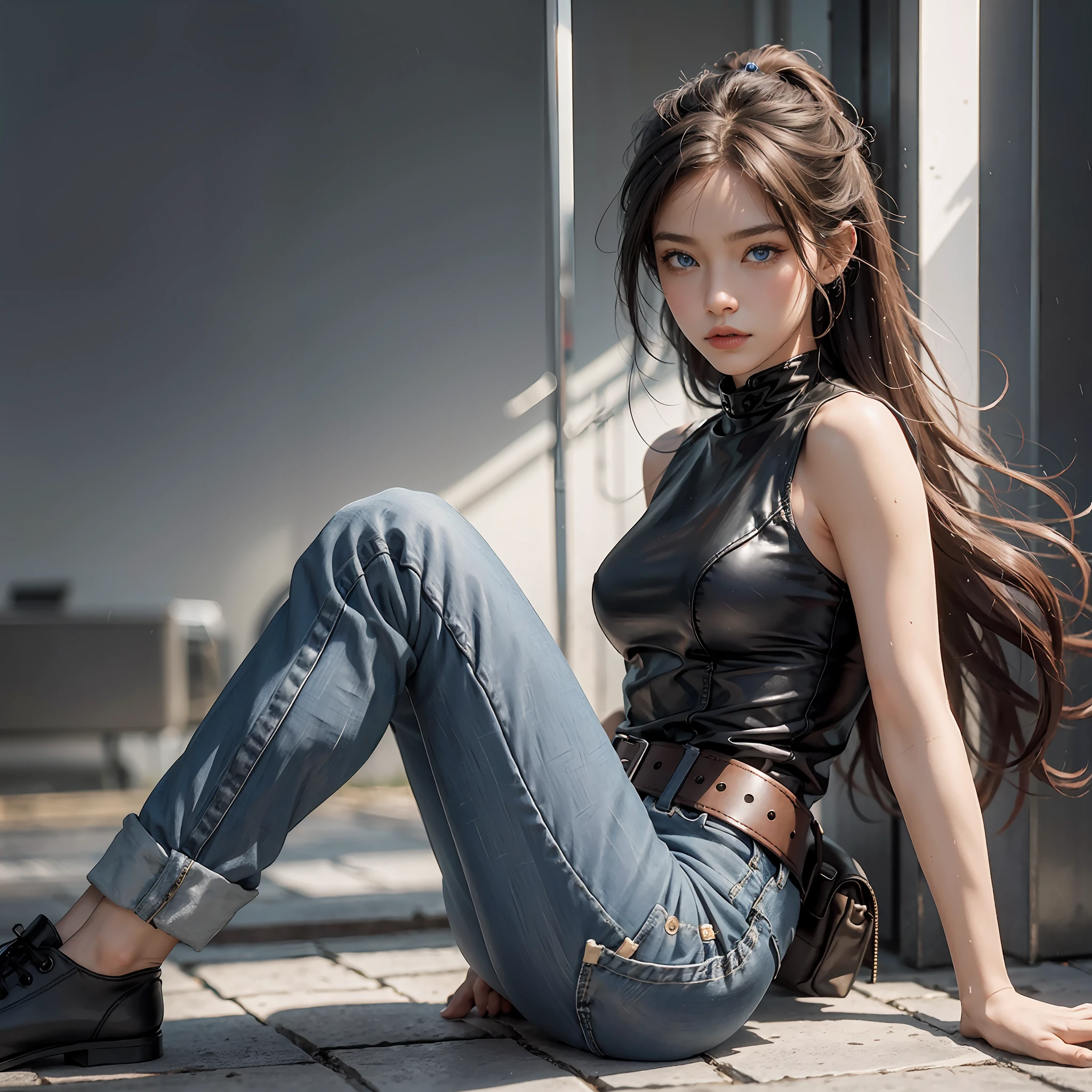8k, Best Quality, (Beauty), High Resolution, Realistic, Real Person, (1 Girl: 1.5), (Solo: 1), Physically Based Rendering, Ultra High Definition, (Full Body: 1.5), Narrow Waist, Skinny, LeonAms, Muscular, Big Blue Eyes, Long Legs, Jeans, Leather Belt, (Rain City), Glossy Skin, Facing Viewer, Winning Posture,