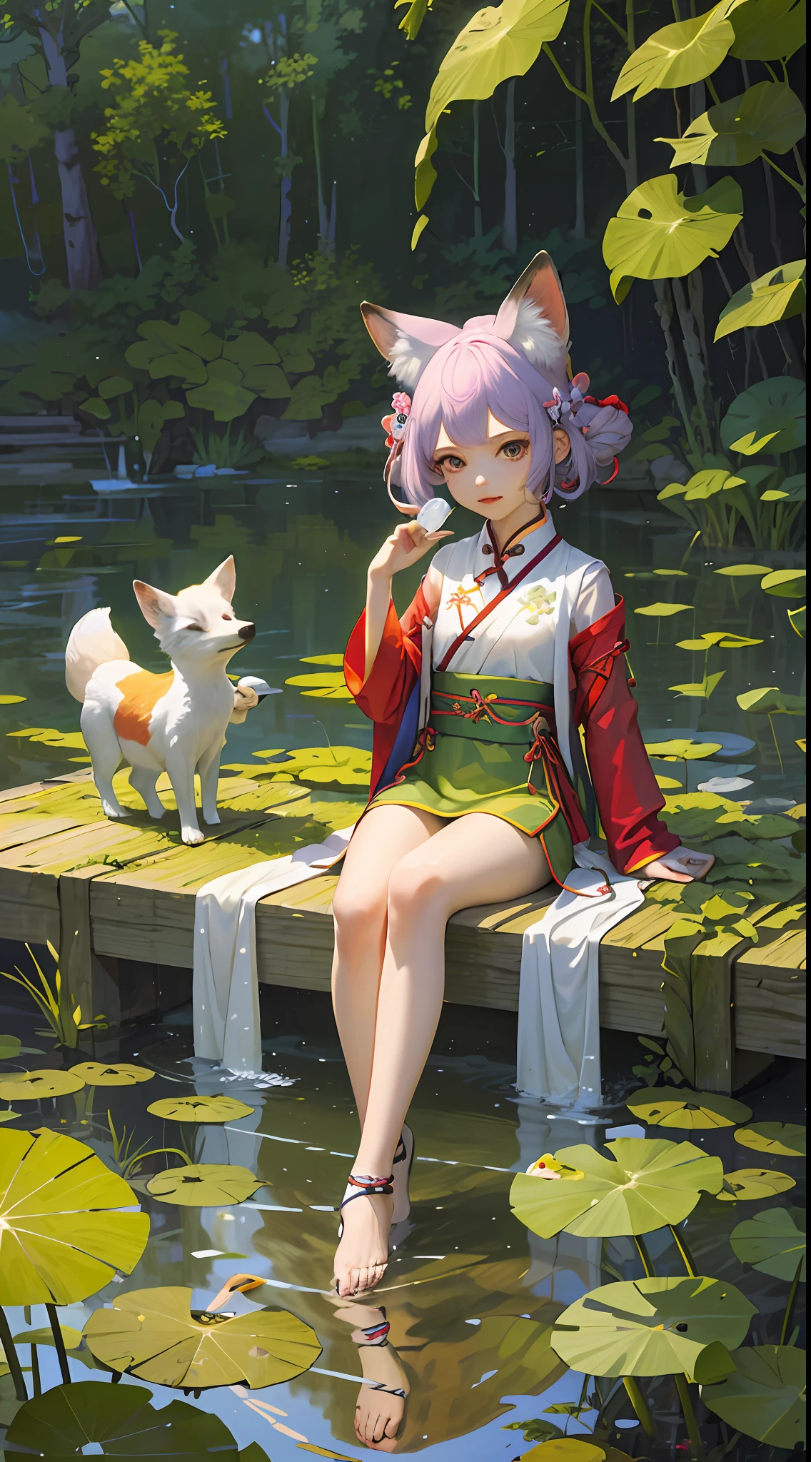 absurdres, highres, ultra detailed, (1girl:1.3), hand drawn, simple line, girl in colorful Chinese Hanfu, sexy girl with fox ears, at the lotus pond, masterpiece, sitting in water, floating clothes, floating ,Chibi.