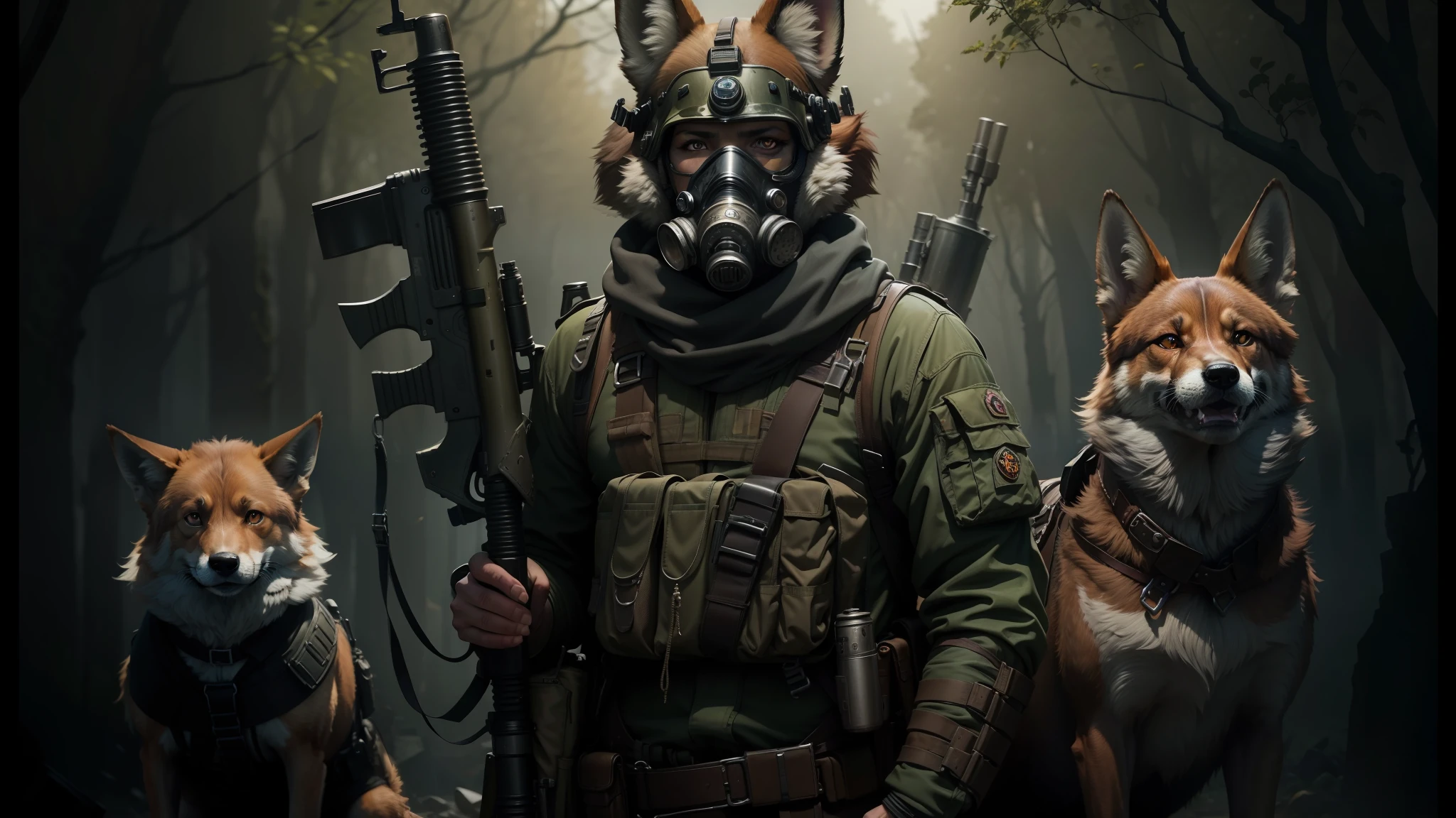 there are three dogs standing next to each other with a man in a gas mask, realistic fantasy photography, digital fox, the artist has used bright, fantasy apocalypse environment, long coyote like ears, beautiful female soldier, youtube thumbnail, bandolier --auto --s2