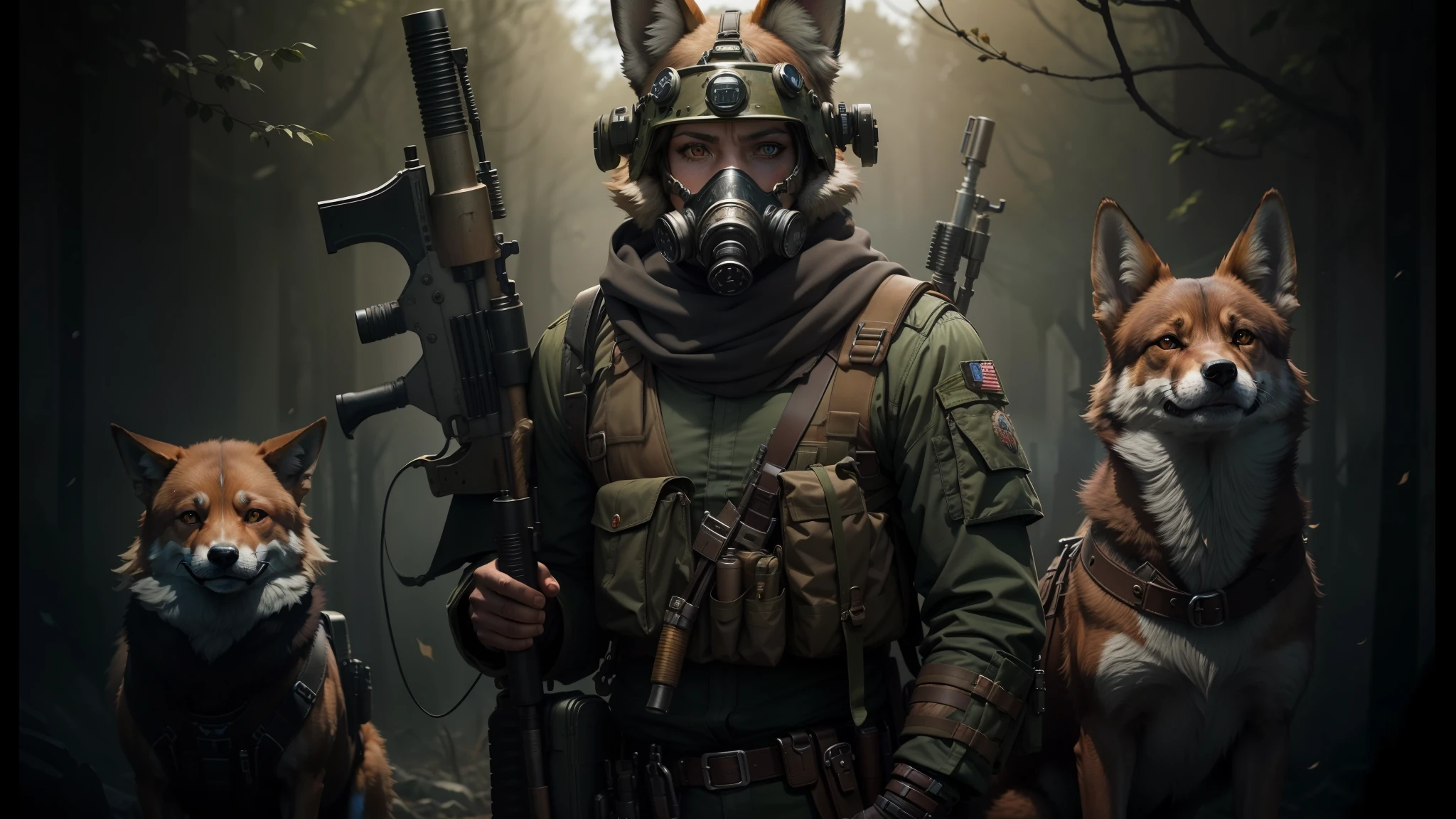 there are three dogs standing next to each other with a man in a gas mask, realistic fantasy photography, digital fox, the artist has used bright, fantasy apocalypse environment, long coyote like ears, beautiful female soldier, youtube thumbnail, bandolier --auto --s2