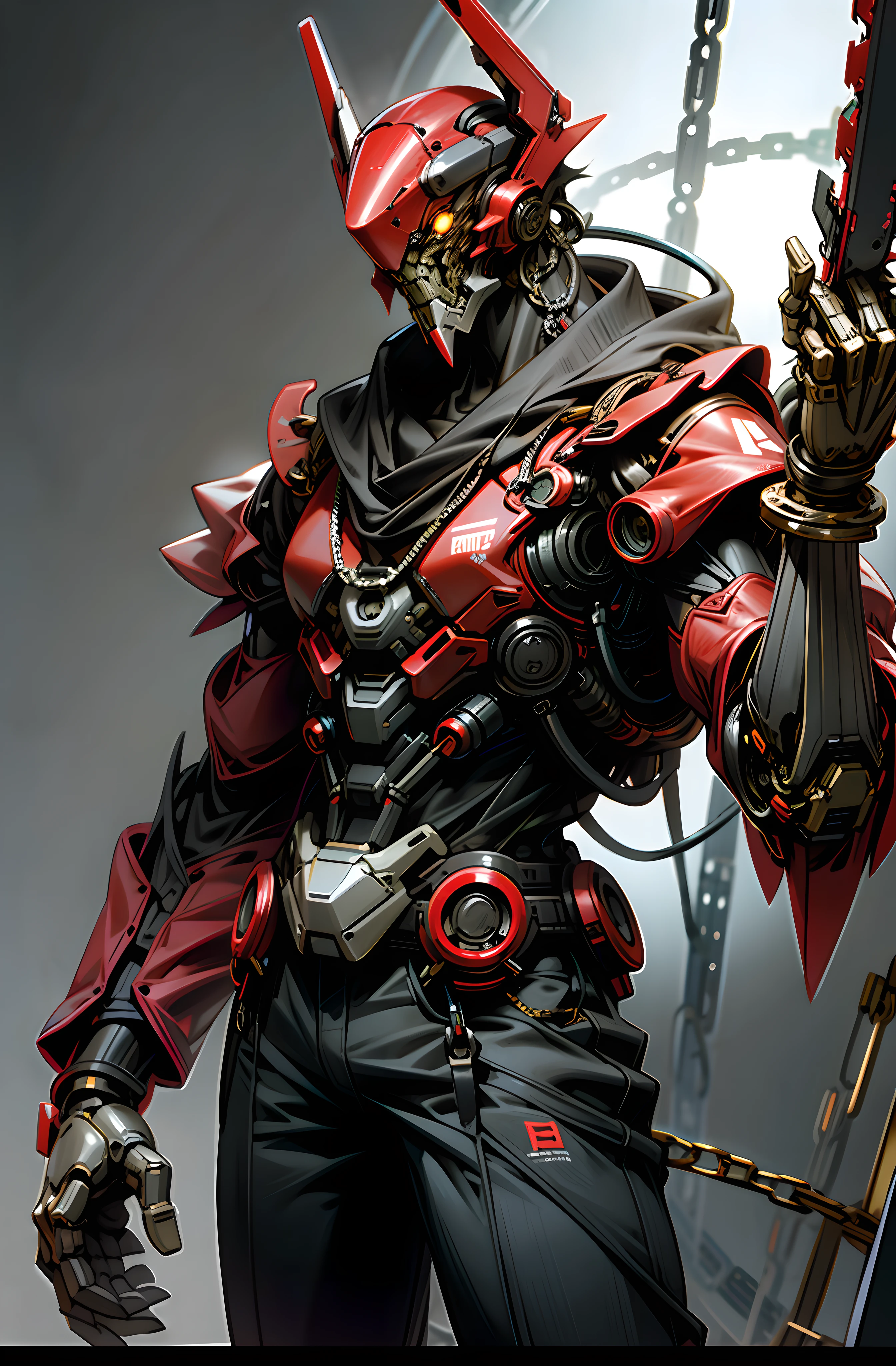 Dark_Fantasy,Cyberpunk,(chain saw,chain saw man,Red:1.1),1man,Mechanical marvel,Robotic presence,Cybernetic guardian,
