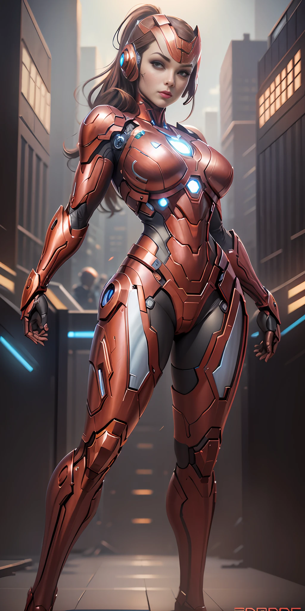 Woman dressed as Iron Man from Marvel, big breasts, frontal, full-length, looking at the camera, facing the audience, standing pose, simple background, three-dimensional light, detailed full-body concept, sleek digital concept art, beautiful full-body concept art, art trend, CGsociety full-length,