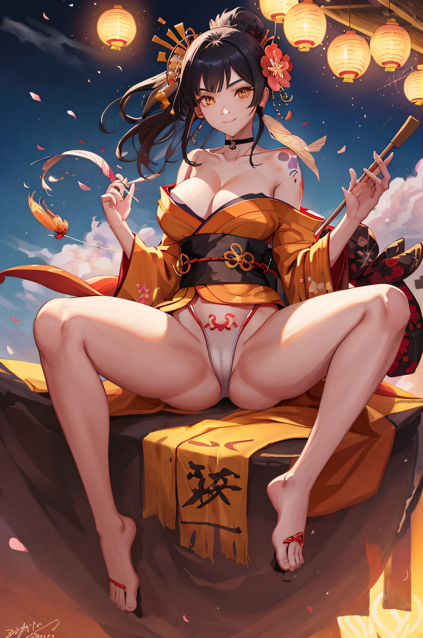 bad anatomy, bad hands, double navel, collapsed eyeshadow, multiple eyebrows, freckles, signature, logo, 2faces, best quility, alone, masterpiece, exquisite, hi-res, one woman, black hair, medium hair, asymmetrical hair, floating hair, blindfold, High ponytail, side lock, hair ornament, gold hair ornament, tassel, kanzashi, bangs, orange eyes, mouth open, smile, teeth, upper teeth only, choker, red choker, pendant choker, butterfly choker, collarbone, tattoo, chest tattoo, flower tattoo, cleavage, middle chest, thigh, white swimsuit, black sash, hadanugidosa, broomstick, kimono, kimono, drawstring, obi , obiage, obijime, orange kimono, drawstring, patterned kimono, rope, obi, shimenawa, short kimono, bare shoulder, genshin, east east Asian architecture, cherry blossoms, whole body, sparklers, night, fireworks, fireworks, fireworks,, feet, single glove, single fingerless glove, wristband, black socks, five-fingered, two-legged, two-armed, two-legged, perfect anatomy, correct anatomy, perfect proportion, perfect face, perfect hands, perfect legs, perfect fingers, perfect hands, crotch open, legs open, crotch up, sitting, big breasts, crotch