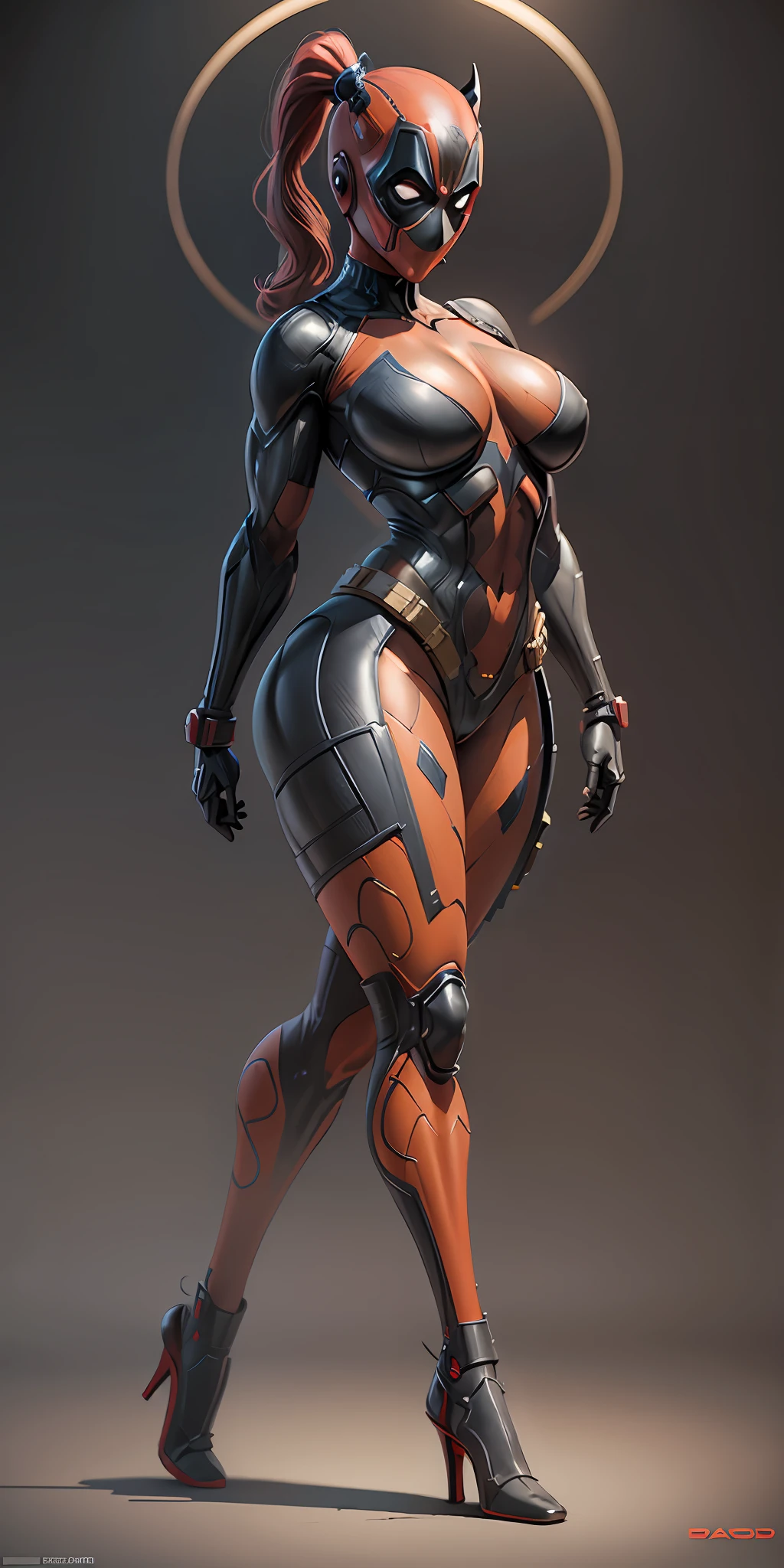 Woman dressed as Deadpool from Marvel, big breasts, frontal, full-length, looking at the camera, facing the audience, standing pose, simple background, three-dimensional light, detailed full-body concept, sleek digital concept art, beautiful full-body concept art, art trend, CGsociety full-length,