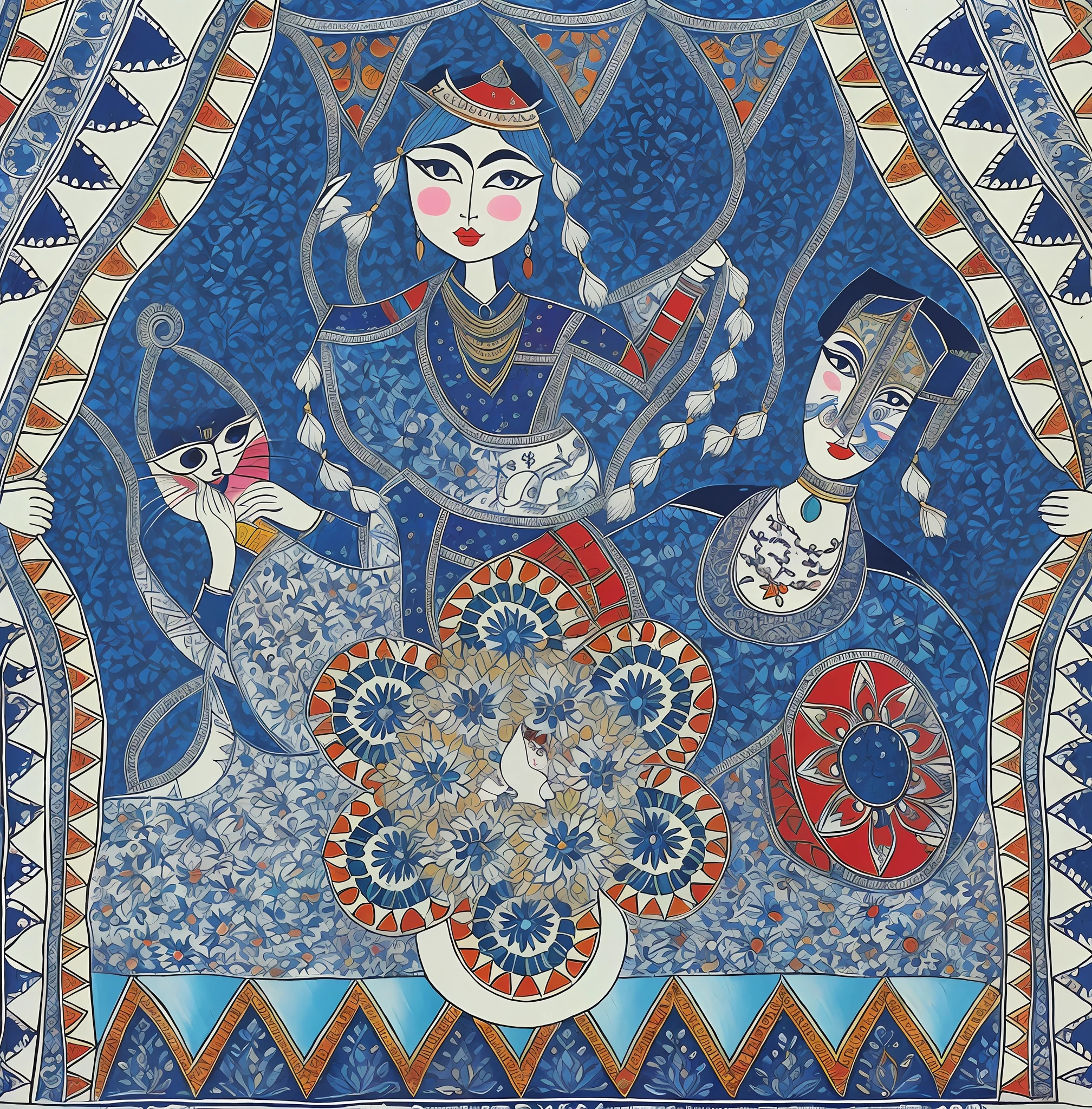 a close up of a painting of a woman with a cat, persian folkore artstyle, persian folkore illustration, persian folktale artstyle, persian folktale art style, persian folklore illustration, folkloric illustration, traditional folk art style, traditional painting, madhubani, tribal art, official artwork, artistic depiction, dital painting, eastern art style