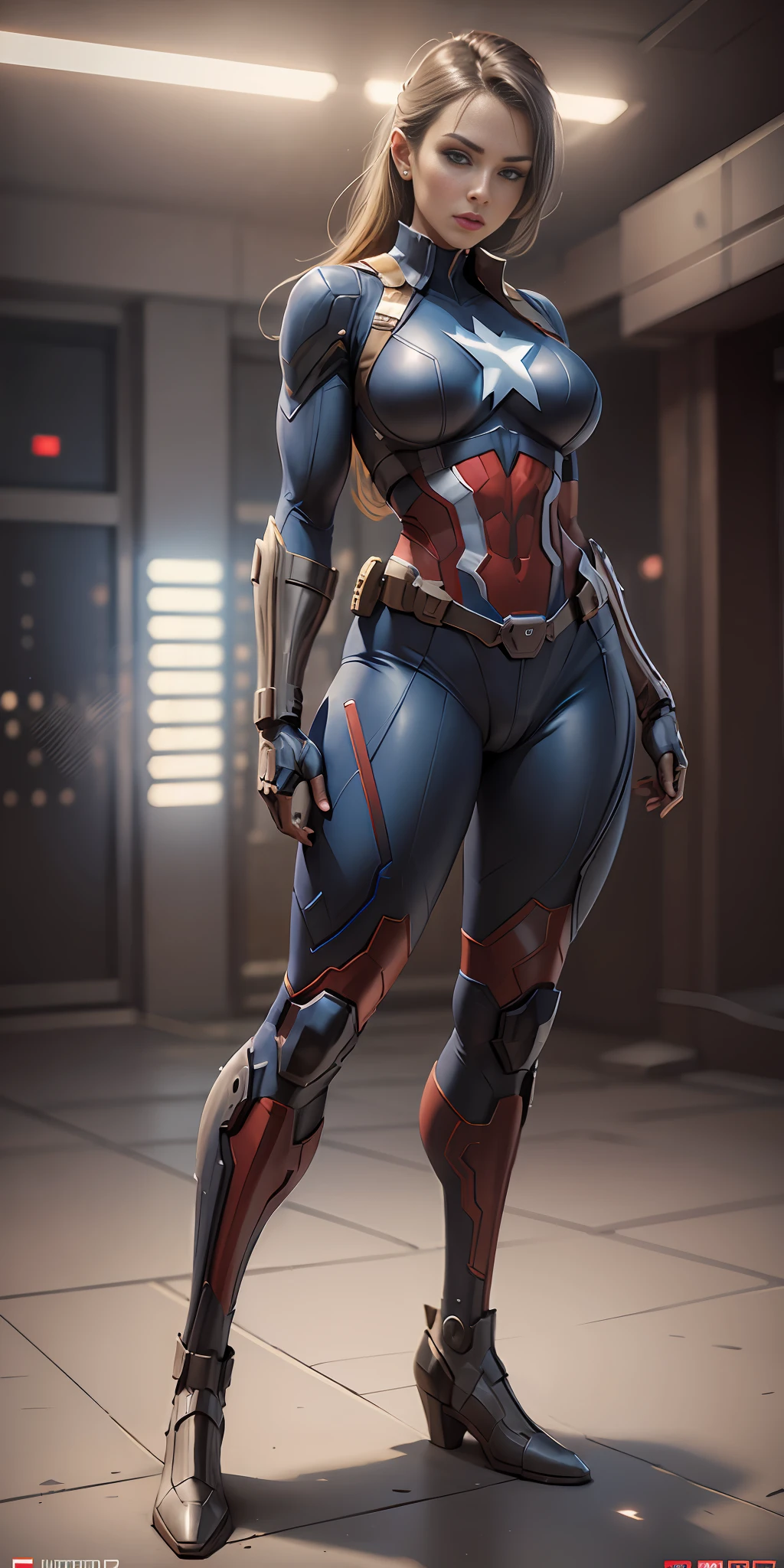 Woman dressed as Captain America from Marvel, big breasts, frontal, full-length, looking at the camera, facing the audience, standing pose, simple background, three-dimensional light, detailed full-body concept, sleek digital concept art, beautiful full-body concept art, art trend, full-length CGsociety,