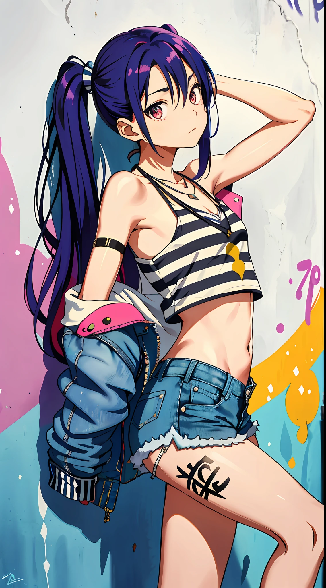 Ridiculous, best quality, 1 girl, solo, striped hair, crop top , denim shorts, necklace, (graffiti: 1.5), paint splash, behind arms, (slouchy), leaning back, against wall, (tilted sideways: 0.25), looking at the audience, armbands, thigh straps, striped hair, body lacquered, upturned eyes, head down, head tilt, (from side: 0.75), boring, (expressionless: 0.75), small breasts
