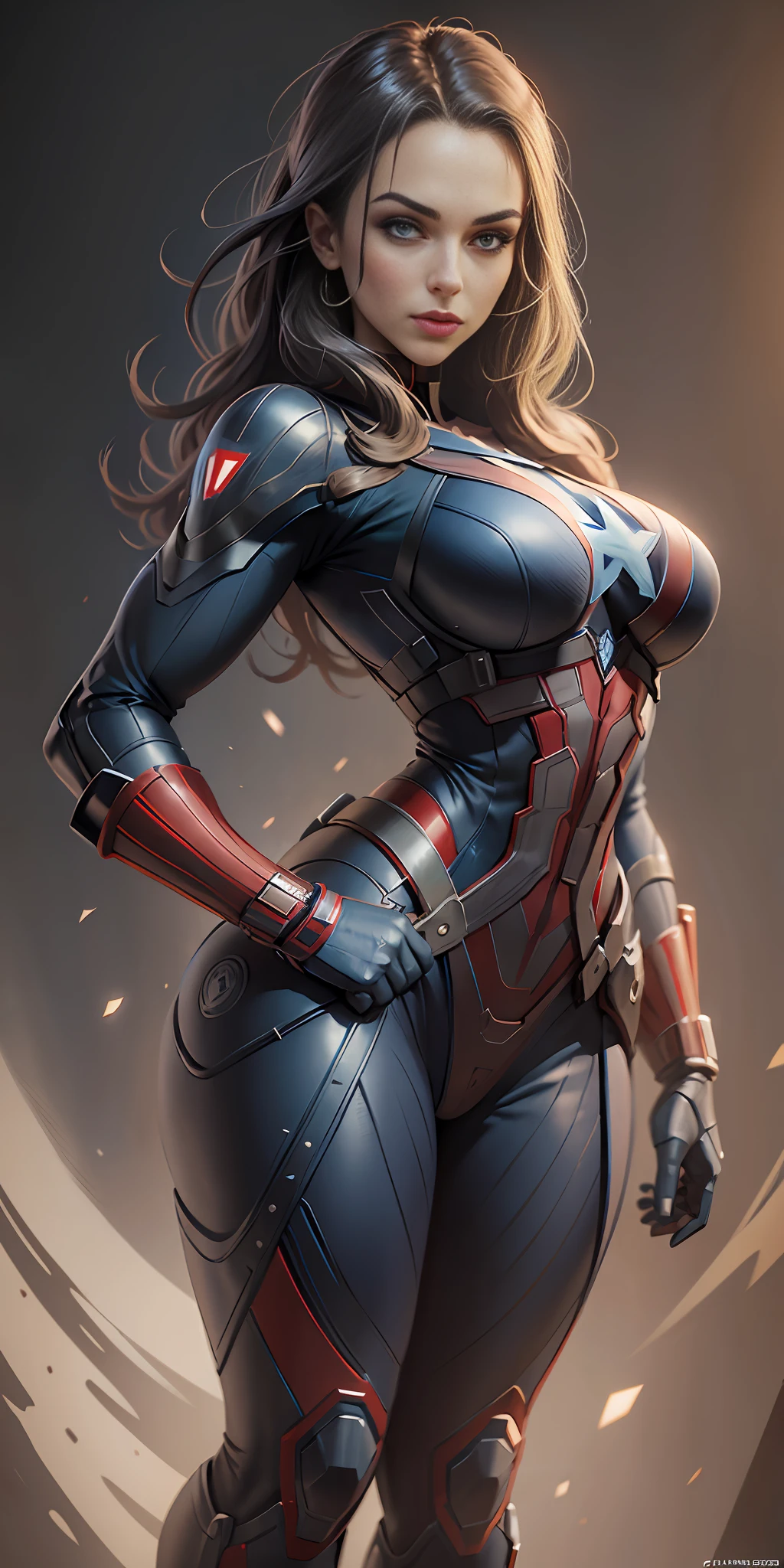 Woman dressed as Captain America from Marvel, big breasts, frontal, full-length, looking at the camera, facing the audience, standing pose, simple background, three-dimensional light, detailed full-body concept, sleek digital concept art, beautiful full-body concept art, art trend, full-length CGsociety,