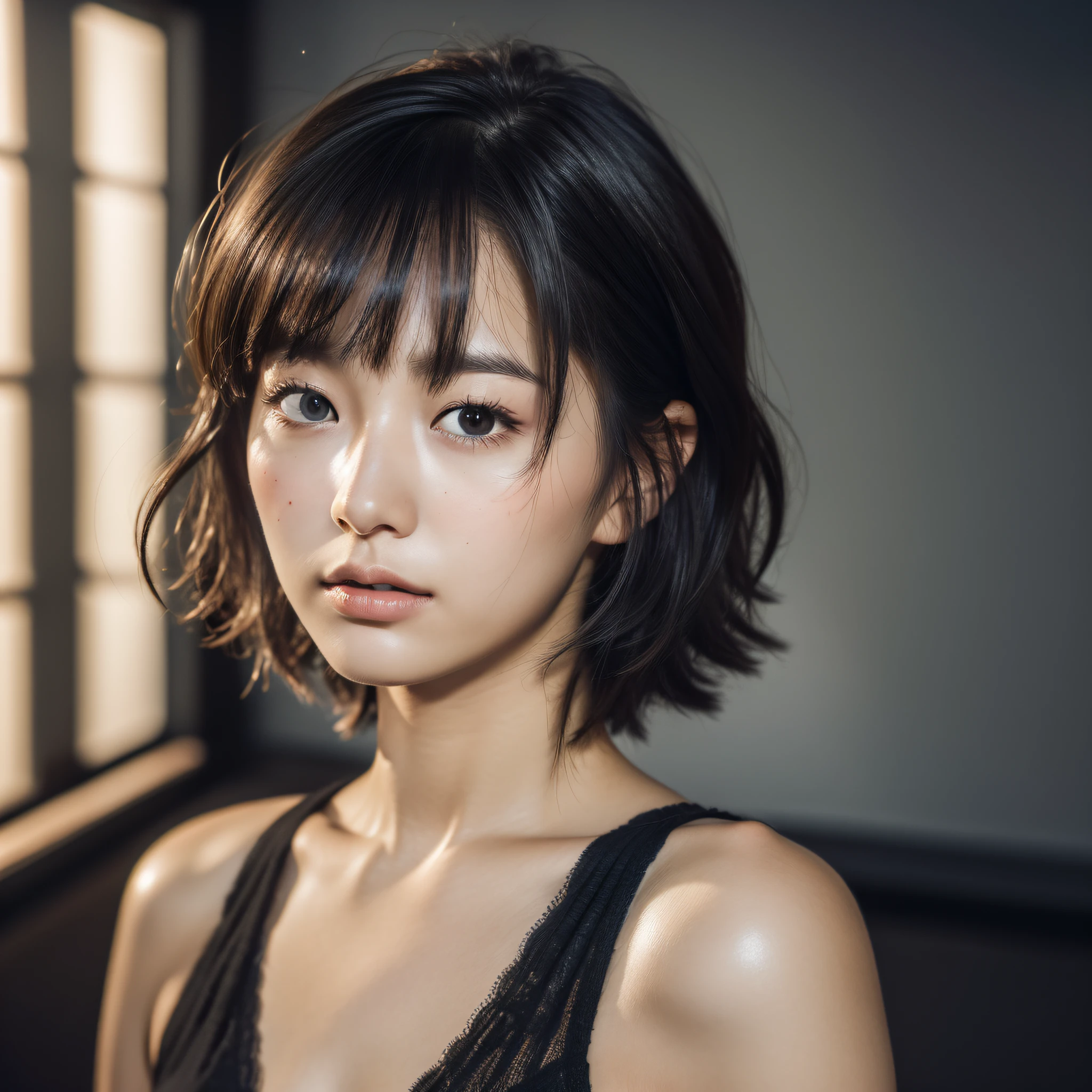 (RAW photo, best quality), (realistic, photo-realistic:1.2), 1girl, high quality, (high detailed skin:1.4), puffy eyes, gorgeous hair, (dark room:1.3), (rim lighting:1.3), (dimly lit:1.3), (dark night:1.3), indoors, portrait, black hair, dark background, short hair,