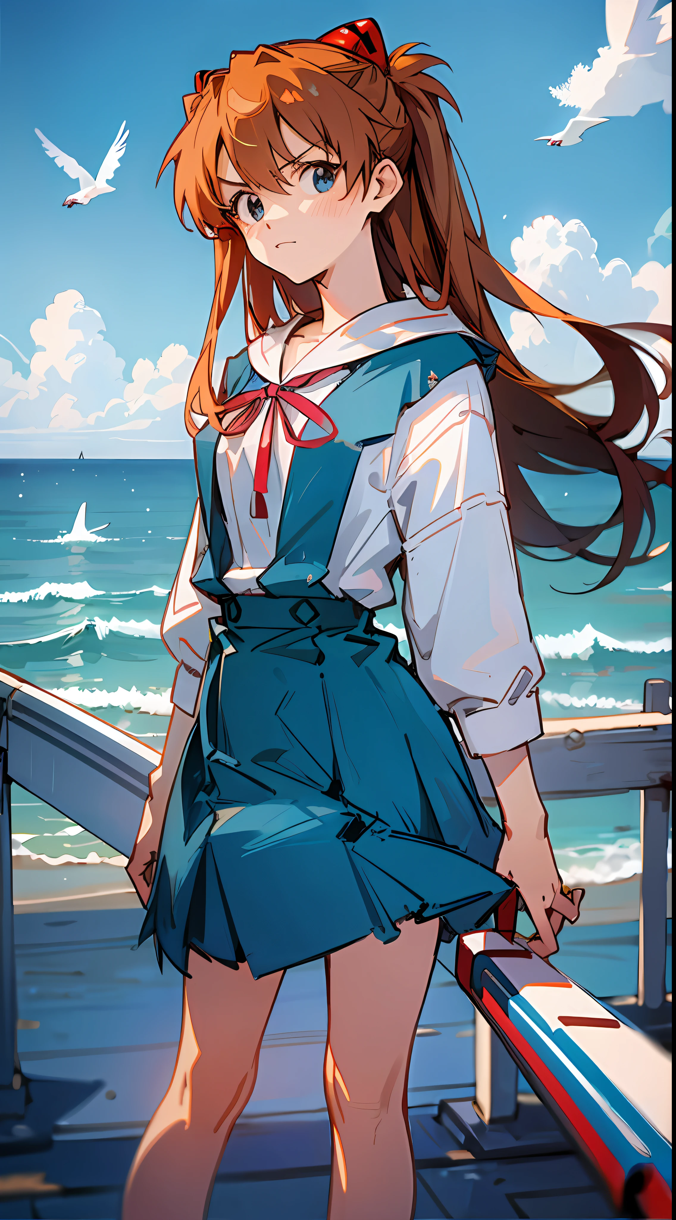 Asuka, 1 girl, pier, blue school uniform, ocean, blue sky, white cloud, seagull, 8k, best quality, proud expression, serious expression