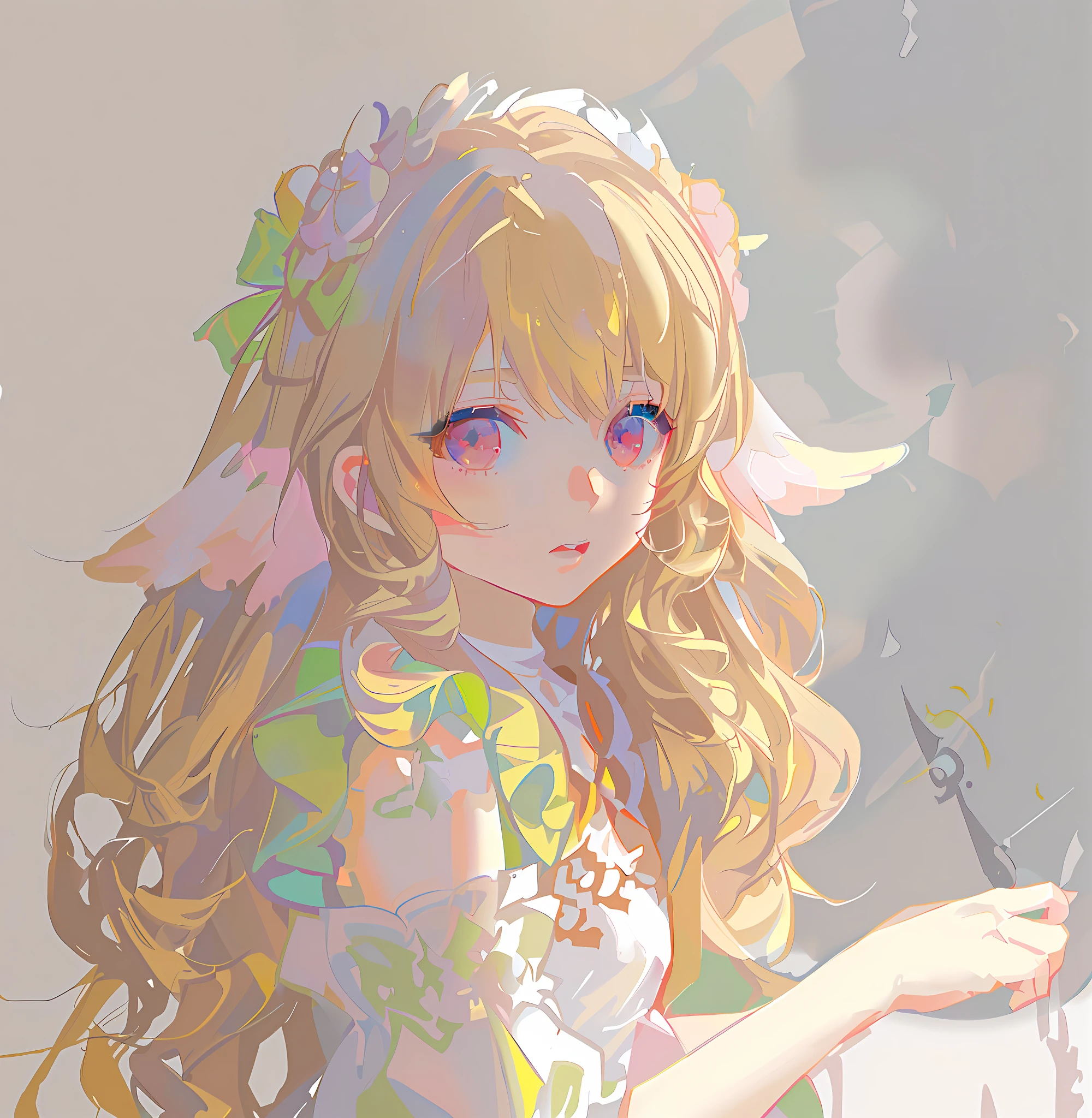 anime girl with long blonde hair holding a scissors and a book, soft anime illustration, made with anime painter studio, loish and wlop, detailed fanart, digital art on pixiv, painted in anime painter studio, zerochan art, loli, kawaii realistic portrait, guweiz, anime artstyle, detailed digital anime art, digital anime illustration