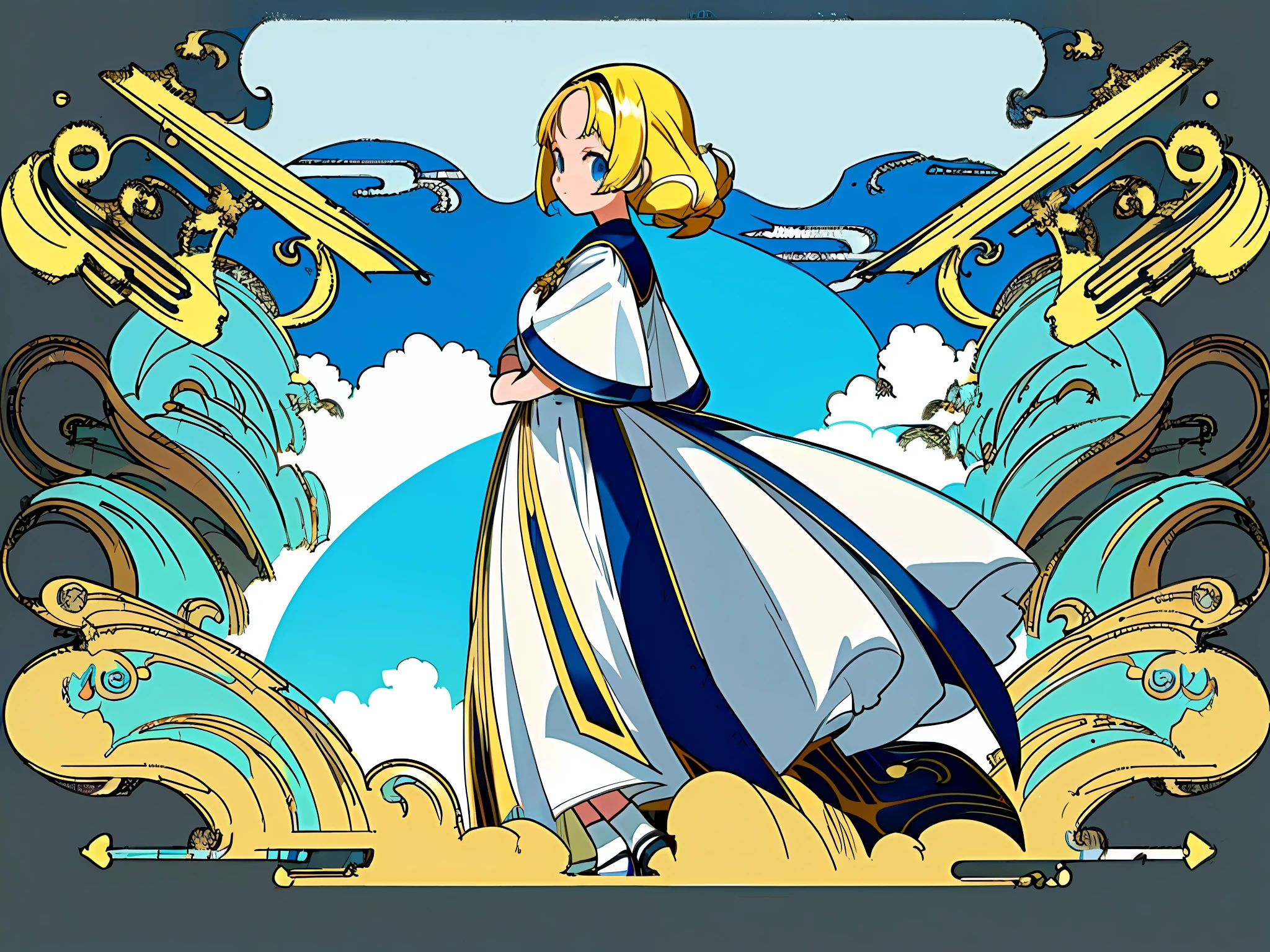 ((masterpiece)),(((best quality))),(character design sheet, same character, front, side, back), illustration, 1 girl, Yellow hair color, bangs, hairstyle fax, blue eyes, environment change scene, Hairstyle Fax, Pose Zitai, Female, White historical dress, Star, Charturnbetalora, (simple background, white background: 1.3), --6