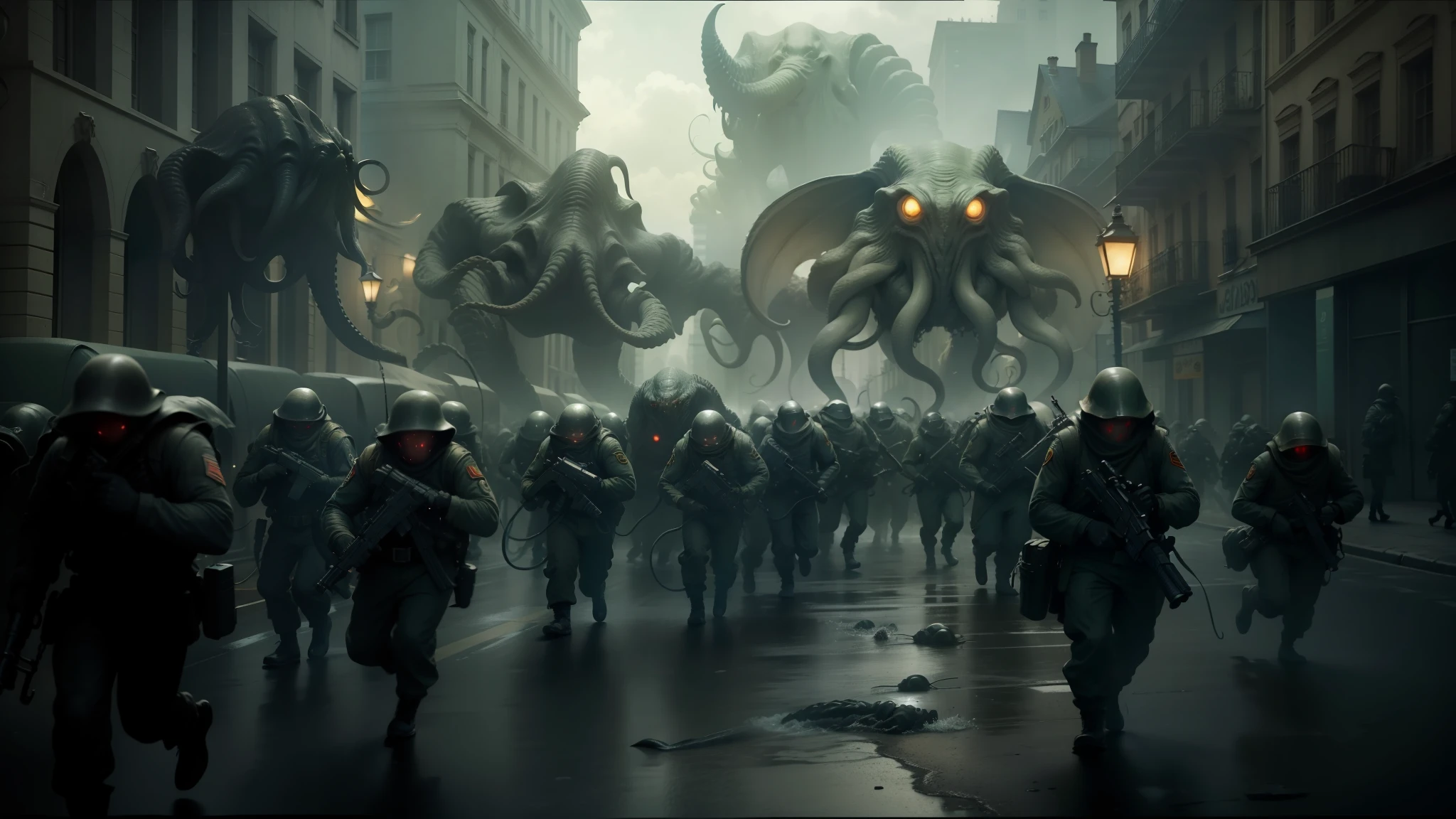 arafed image of a group of people walking down a street with giant alien creatures, in roger deakins style, photo of cthulhu, soldiers charging the enemy, journalistic photography, by Franz Vohwinkel, tentacles, sleep paralysis, rule 34, realms --auto --s2