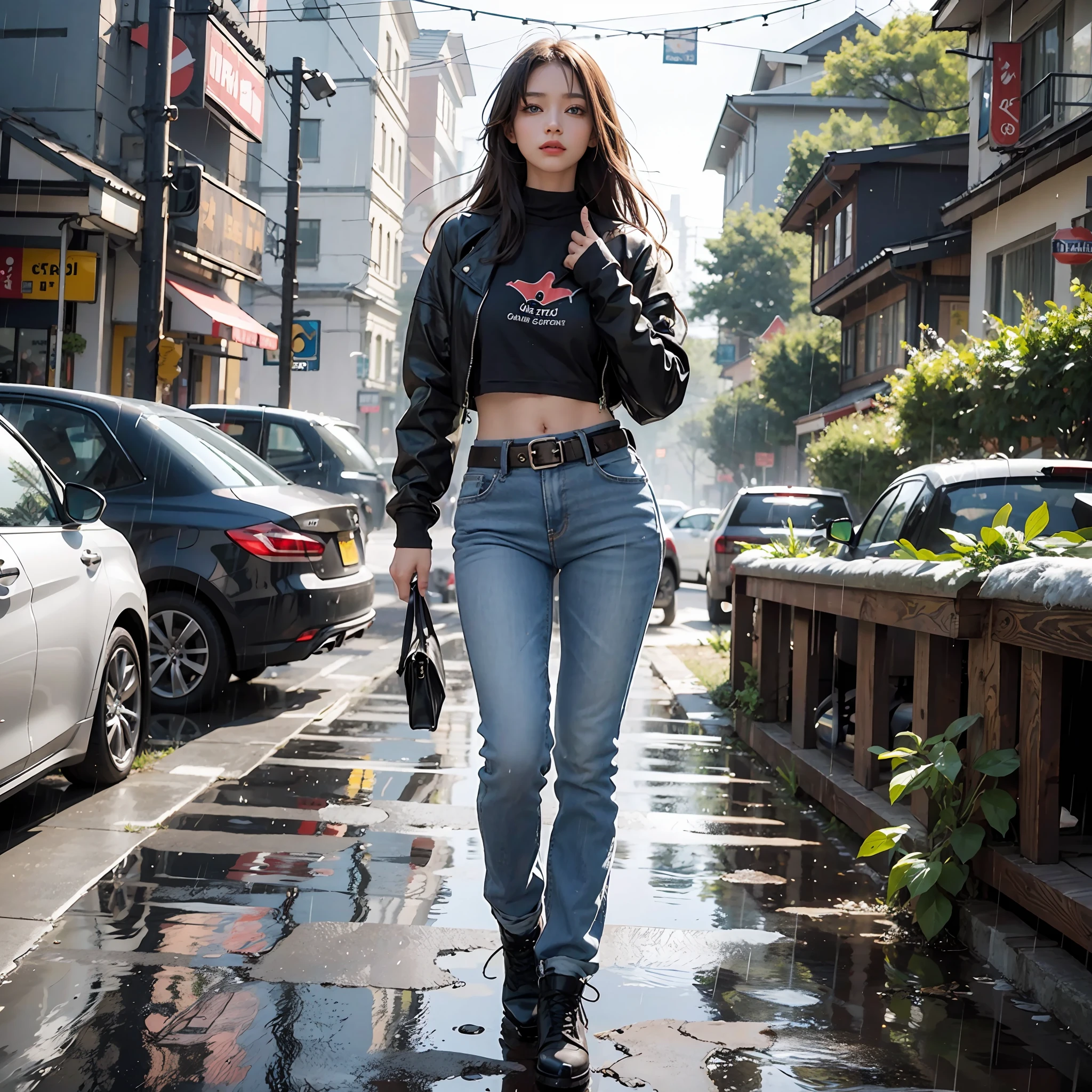 8k, Best Quality, (Beauty), High Resolution, Realistic, Real Person, (1 Girl: 1.5), (Solo: 1), Physically Based Rendering, Ultra High Definition, (Full Body: 1.5), Narrow Waist, Skinny, LeonAms, Muscular, Big Blue Eyes, Long Legs, Jeans, Leather Belt, (Rain City), Glossy Skin, Facing Viewer, Winning Posture,