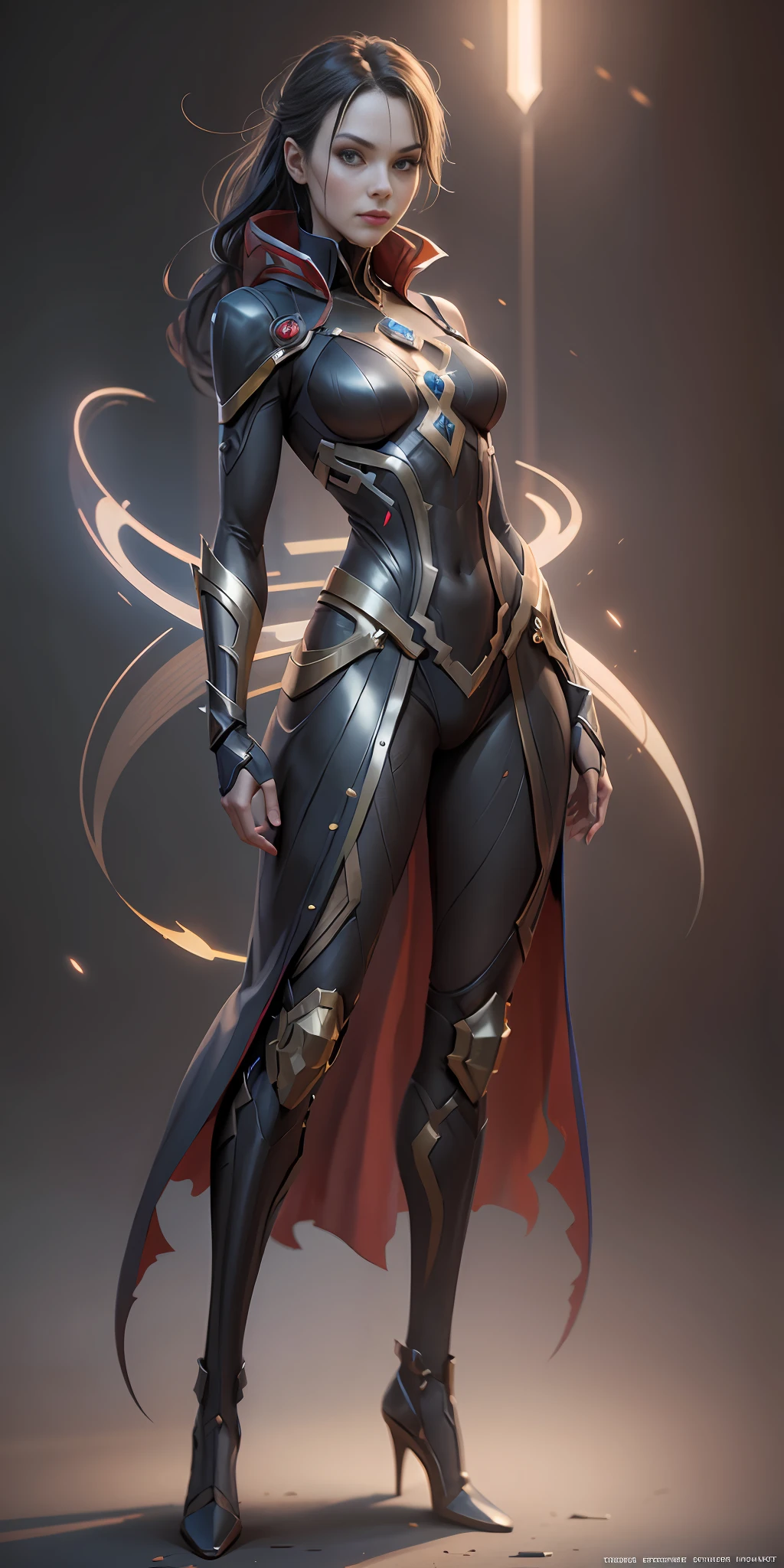 Woman dressed as Doctor Strange from Marvel, frontal, full-length, looking at the camera, facing the audience, standing pose, simple background, three-dimensional light, detailed full-body concept, sleek digital concept art, beautiful full-body concept art, art trend, CGsociety full-length,