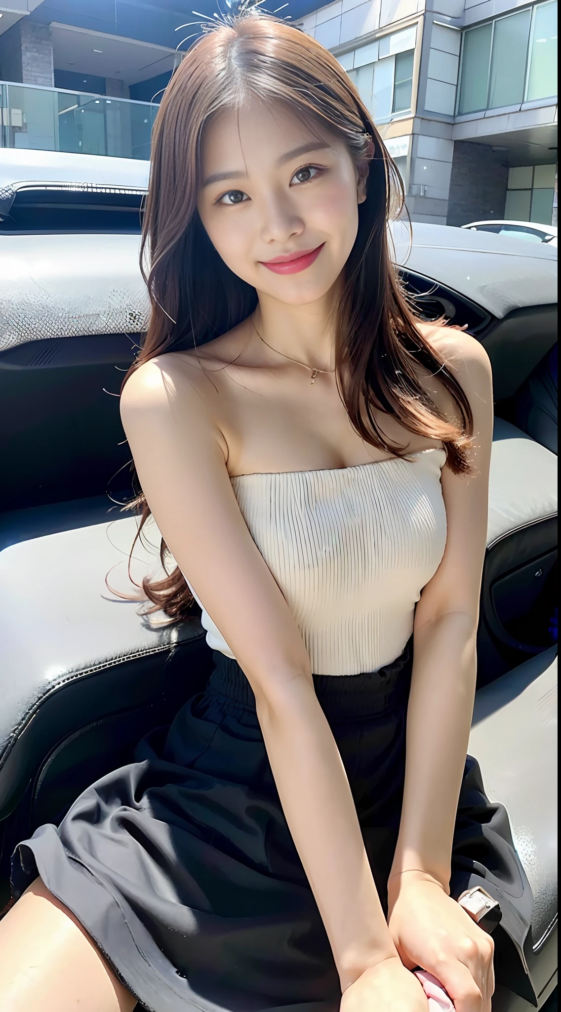 (8k, RAW photo, best quality, masterpiece: 1.2), (realistic, photorealistic photo: 1.37), professional lighting, photon mapping, light energy transfer, low cut, big breasts, ((slightly fat)), korean girl, background lying on car roof, bandeau top, long skirt, small white shoes, highly detailed face and skin texture, delicate eyes, double eyelids, whitened skin, long hair, (shut up: 1.3), smile