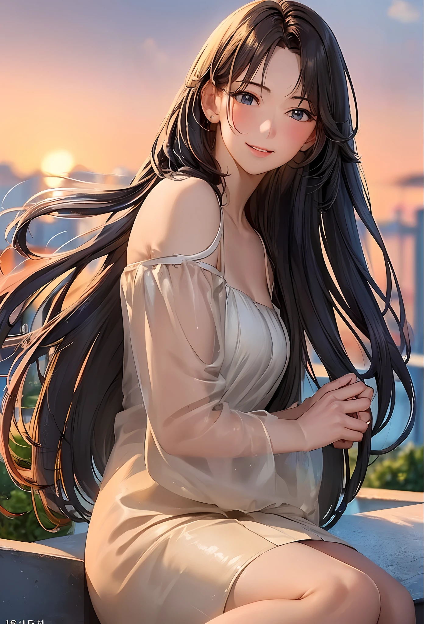 (8k, top quality, masterpiece: 1.2), (realistic, photorealistic: 1.37), super detailed, girl single, cute, solo, midnight, beautiful detailed sky, detailed café, sitting, date, (blush), (smile: 1.15), small breasts (mouth closed), beautiful fine eyes, floating hair NovaFrogStyle, back open dress