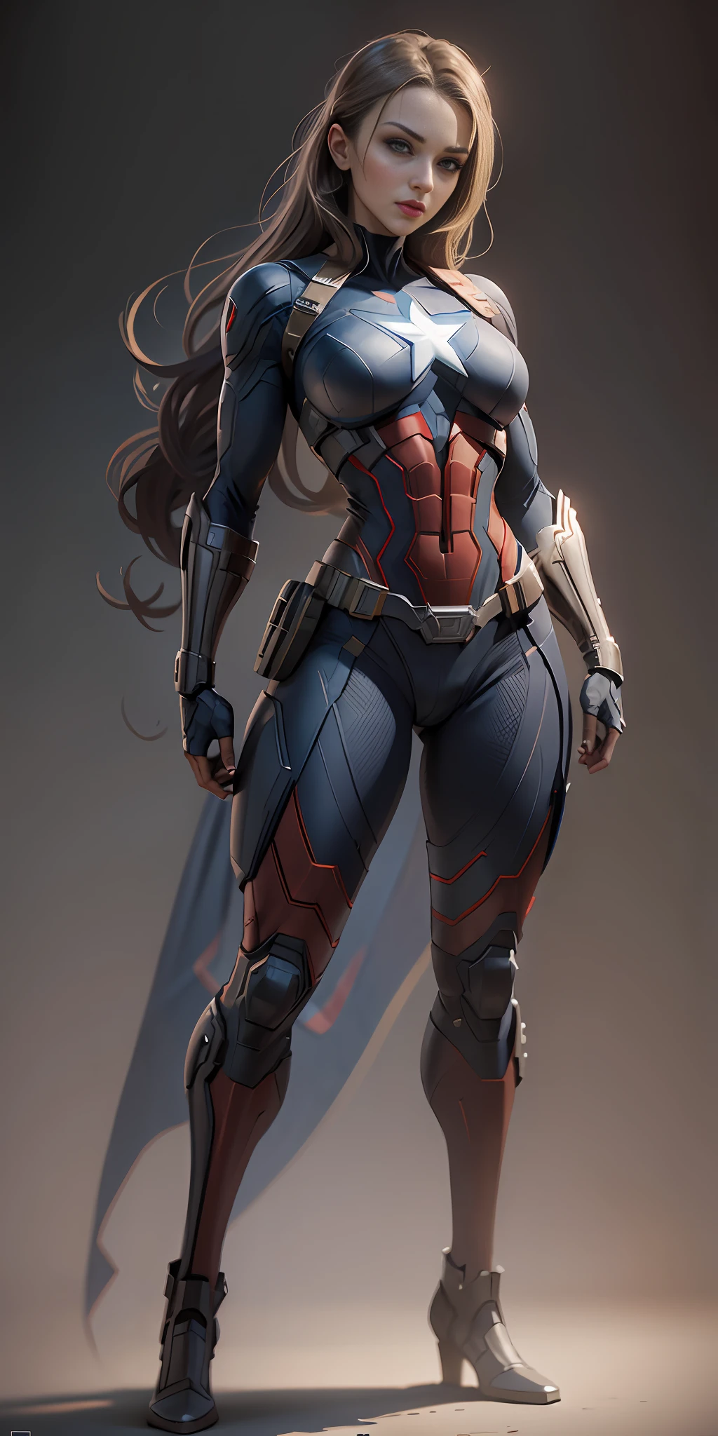 Woman dressed as Captain America from Marvel, frontal, full-length, looking at the camera, facing the audience, standing pose, simple background, three-dimensional light, detailed full-body concept, sleek digital concept art, beautiful full-body concept art, art trend, CGsociety full-length,