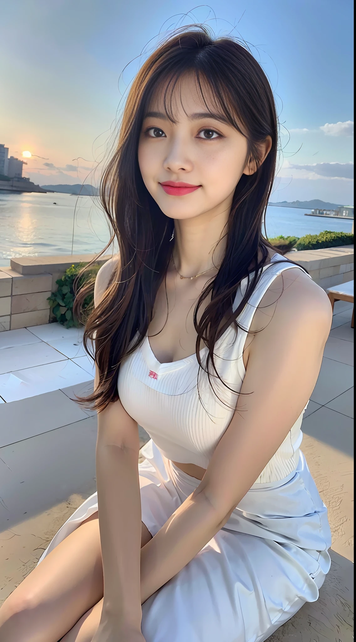 (8k, RAW photo, best quality, masterpiece: 1.2), (realistic, photorealistic photo: 1.37), professional lighting, photon mapping, light energy transfer, low cut, big breasts, ((slightly fat)), korean girl, background sitting by the sea, top, long skirt, small white shoes, highly detailed face and skin texture, delicate eyes, double eyelids, whitened skin, long hair, (shut up: 1.3), smile