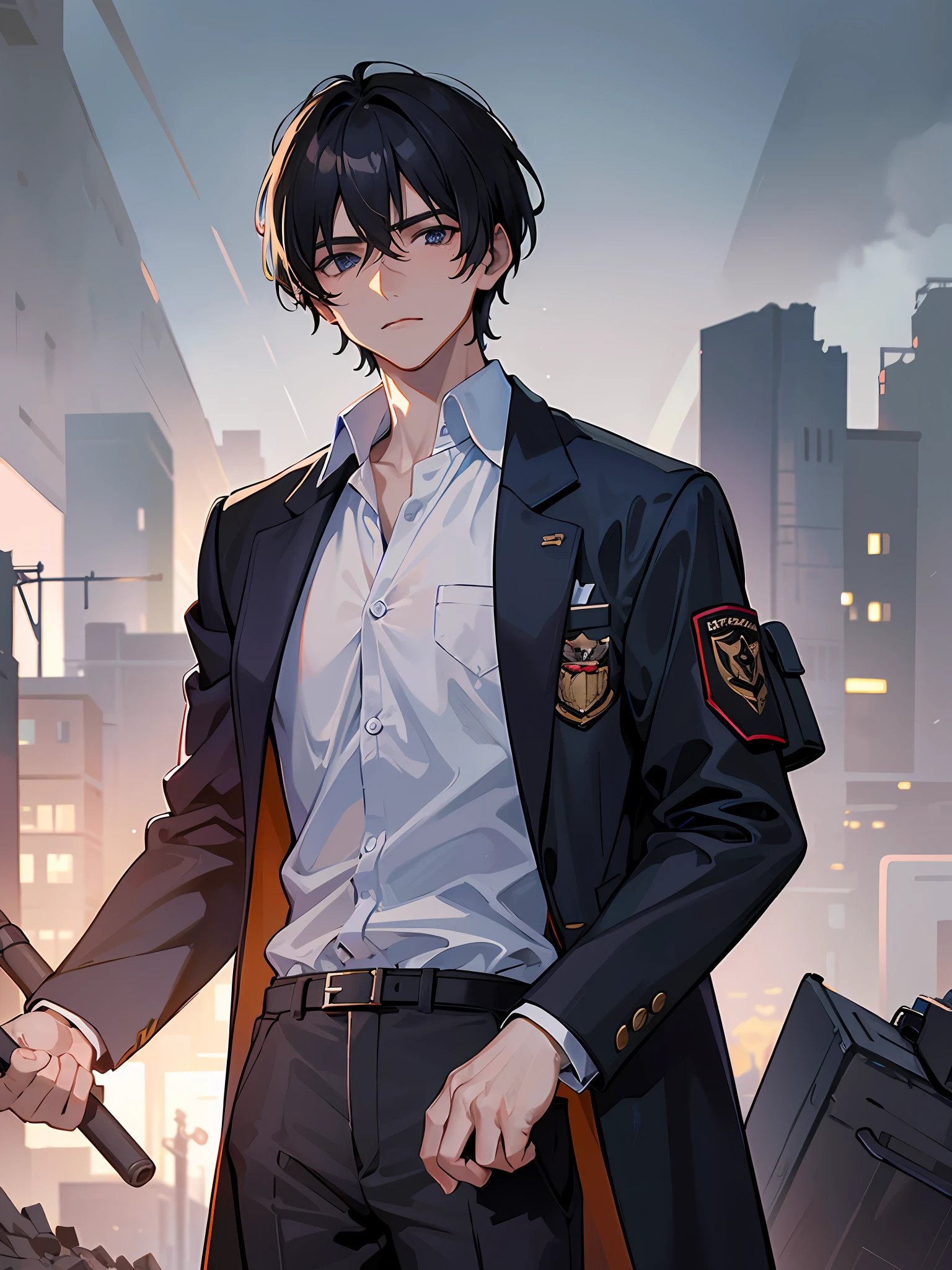 A man in a school uniform with a doomsday scene in the background. The background of the whole picture may be a ruins or a city street, which adds more historical and cultural touch to the man. The colors of the picture are dominated by dull and cold tones, creating an atmosphere of despair and helplessness. The man was wearing a school uniform and looked young, but his face showed a kind of determination and mature will, which made people feel admiration and awe