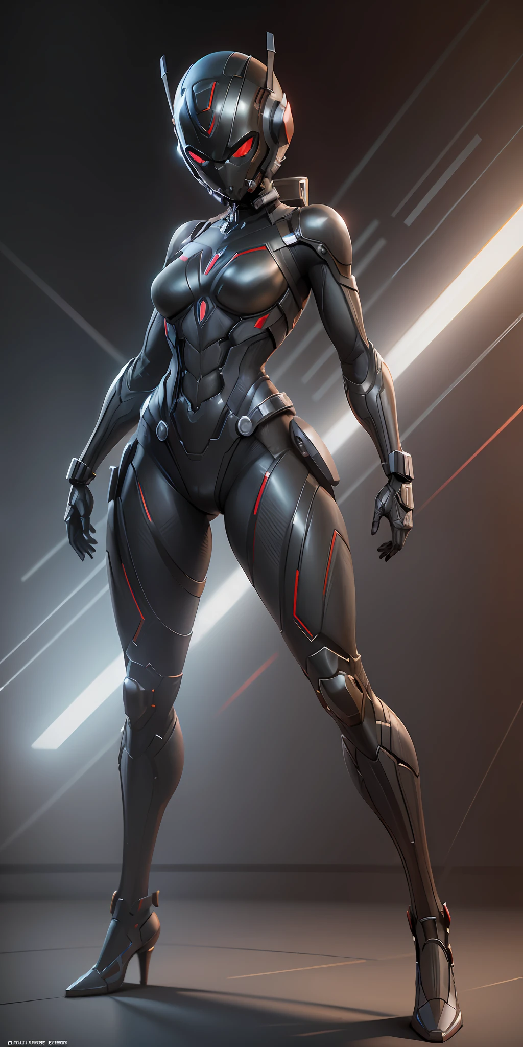 Woman dressed as Ant-Man from Marvel, frontal, full-length, looking at the camera, facing the audience, standing pose, simple background, three-dimensional light, detailed full-body concept, sleek digital concept art, beautiful full-body concept art, art trend, CGsociety full-length,