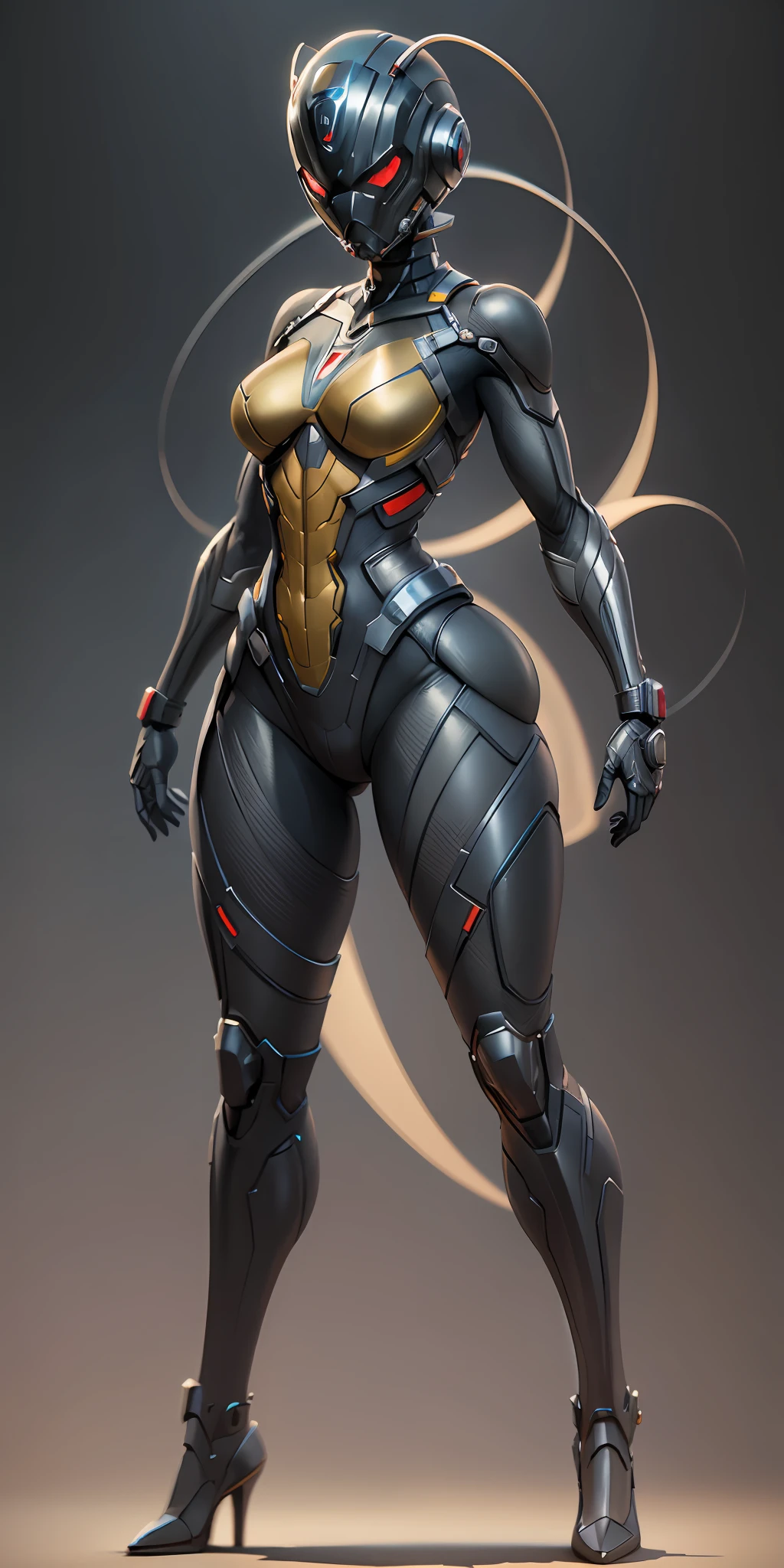 Woman dressed as Ant-Man from Marvel, frontal, full-length, looking at the camera, facing the audience, standing pose, simple background, three-dimensional light, detailed full-body concept, sleek digital concept art, beautiful full-body concept art, art trend, CGsociety full-length,