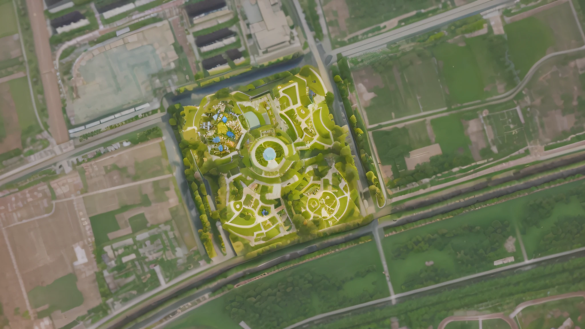 Aerial view of green park with circular structure in the middle, best quality, super detailed, (full detail), (4k), 8k, trees, houses, grass, buildings, curved roads, relief. Terrain, gallery, aerial view of park with lots of trees and many buildings, aerial illustration, aerial view, aerial view from above, aerial view, aerial view, overhead view, overhead view, isometric aerial view, aerial view, [top view]!!, top view, upper view, aerial view, aerial view from aerial view, satellite view satellite view, aerial illustration, center of gravity subdivision, top view, zoomed-out view, top-down aerial view, queen's whirlpool garden, Russian future city, aerial view from above, Russian future city, aerial view Shinkawa Yoji
