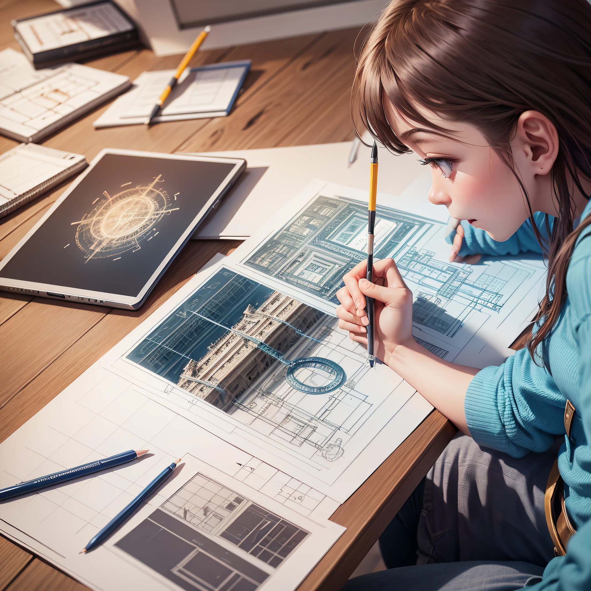 in magical tower, Smart young human engineer, Human engineer drawing engineering drawings, Humans drawing engineering drawings on a table, An expression of surprise, Amazing discoveries were made --ar 16:9 --auto --s2