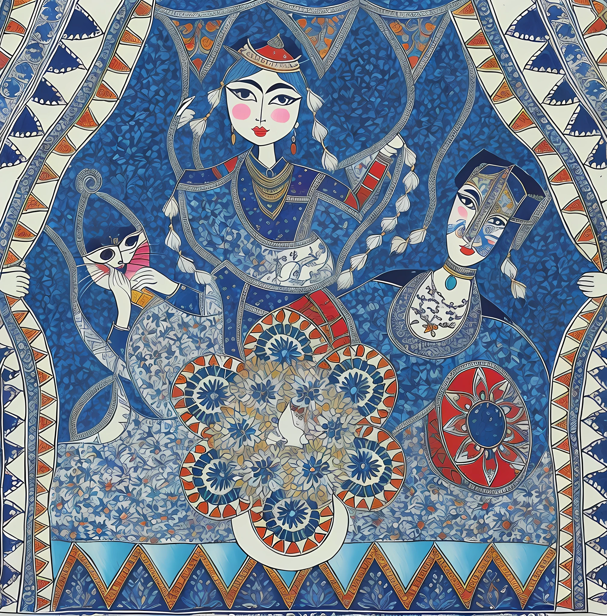 a close up of a painting of a woman with a cat, persian folkore artstyle, persian folkore illustration, persian folktale artstyle, persian folktale art style, persian folklore illustration, folkloric illustration, traditional folk art style, traditional painting, madhubani, tribal art, official artwork, artistic depiction, dital painting, eastern art style