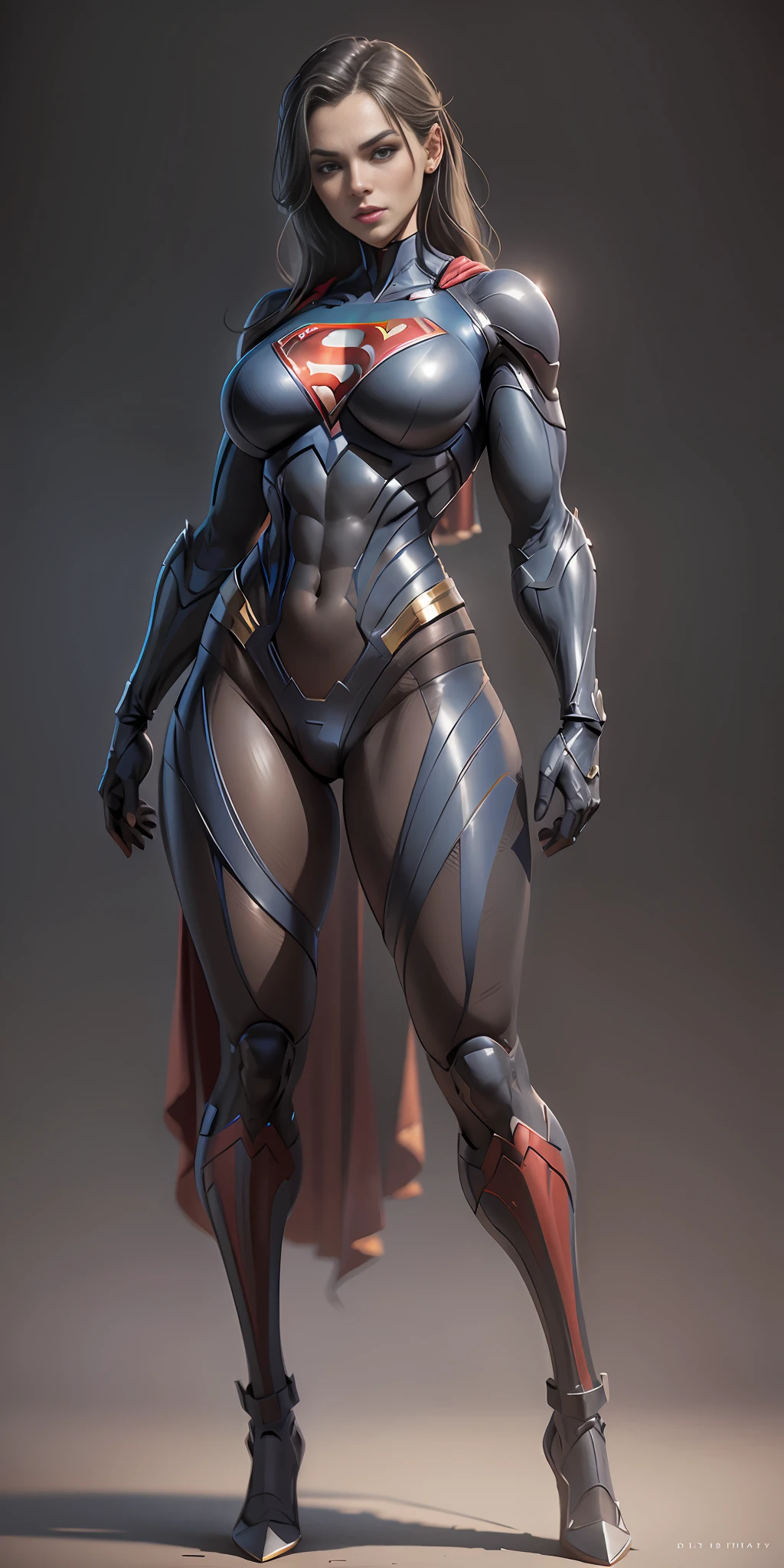 Woman dressed as Superman from DC, big breasts, frontal, full-length, looking at the camera, facing the audience, standing pose, simple background, three-dimensional light, detailed full-body concept, sleek digital concept art, beautiful full-body concept art, art trend, CGsociety full-length,
