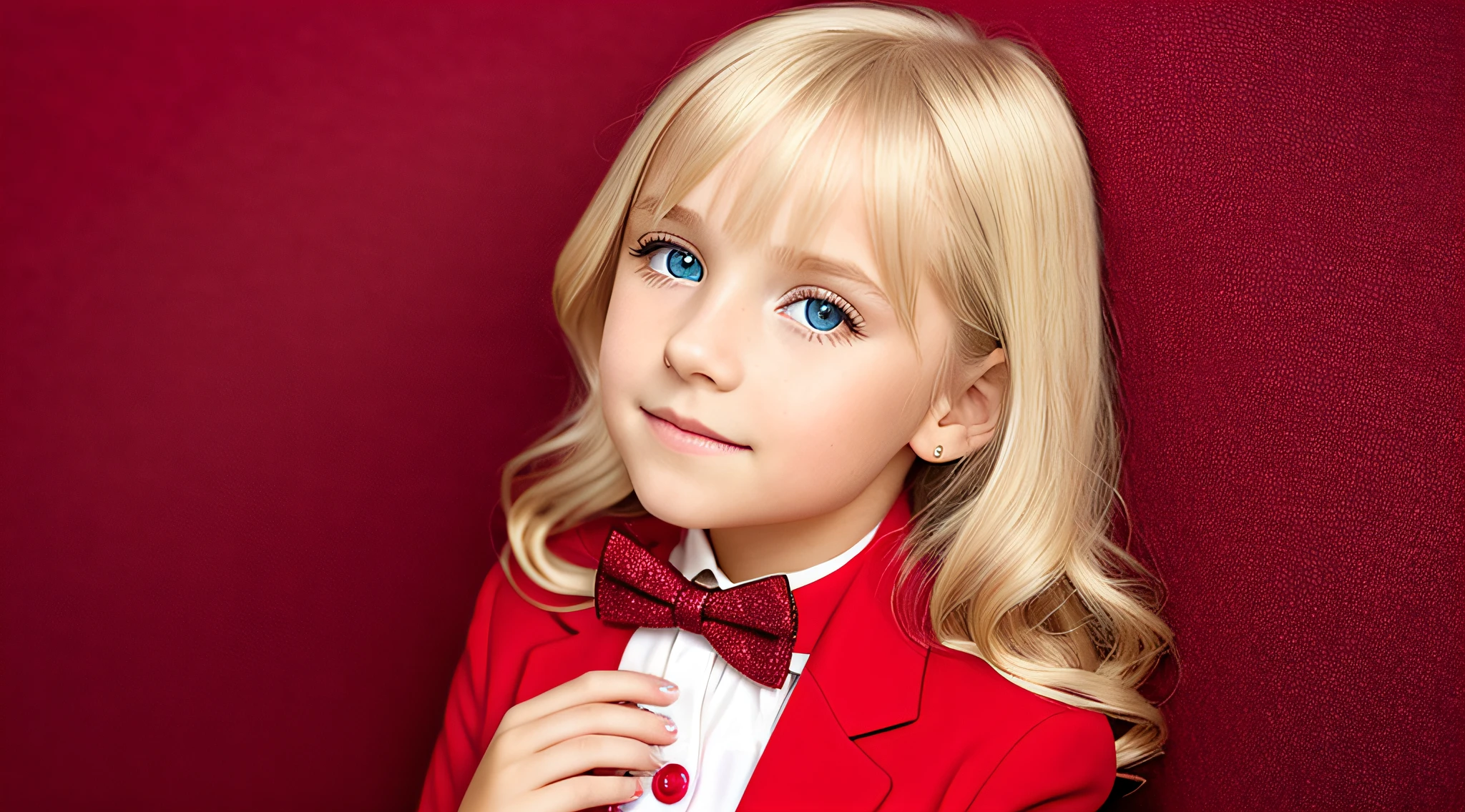 BLONDE girl, golden eyes, platinum haired girl, pearl brooch in hair, RED BACKGROUND.