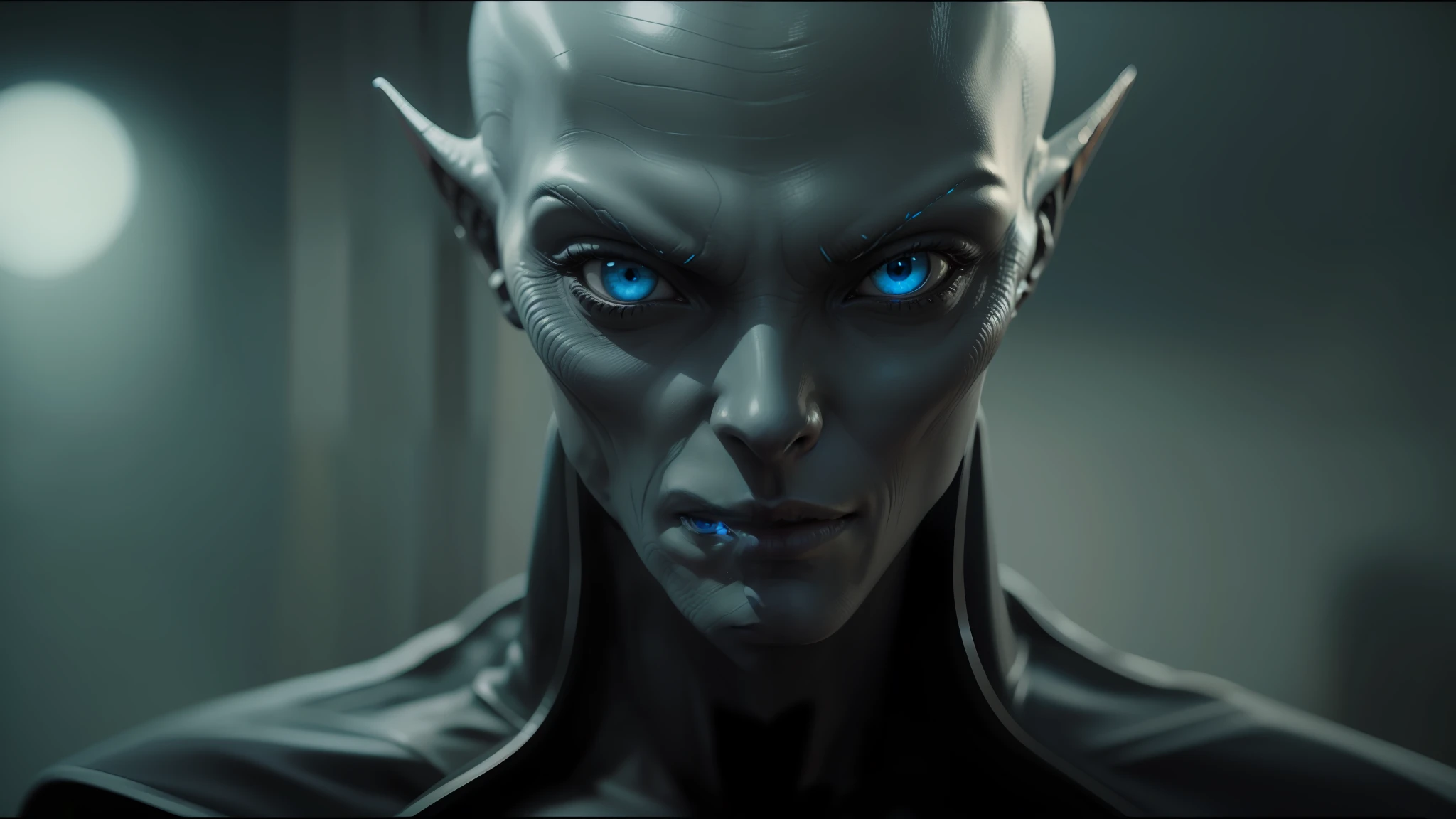 alien man with blue eyes and a black leather jacket, highly detailed vfx scene, elvish, grey aliens, 2 0 1 5 cinematography, portrait of female android, rendering of the windigo, without makeup, realistic skin shader, wearing robes of silver, stillframe --auto --s2