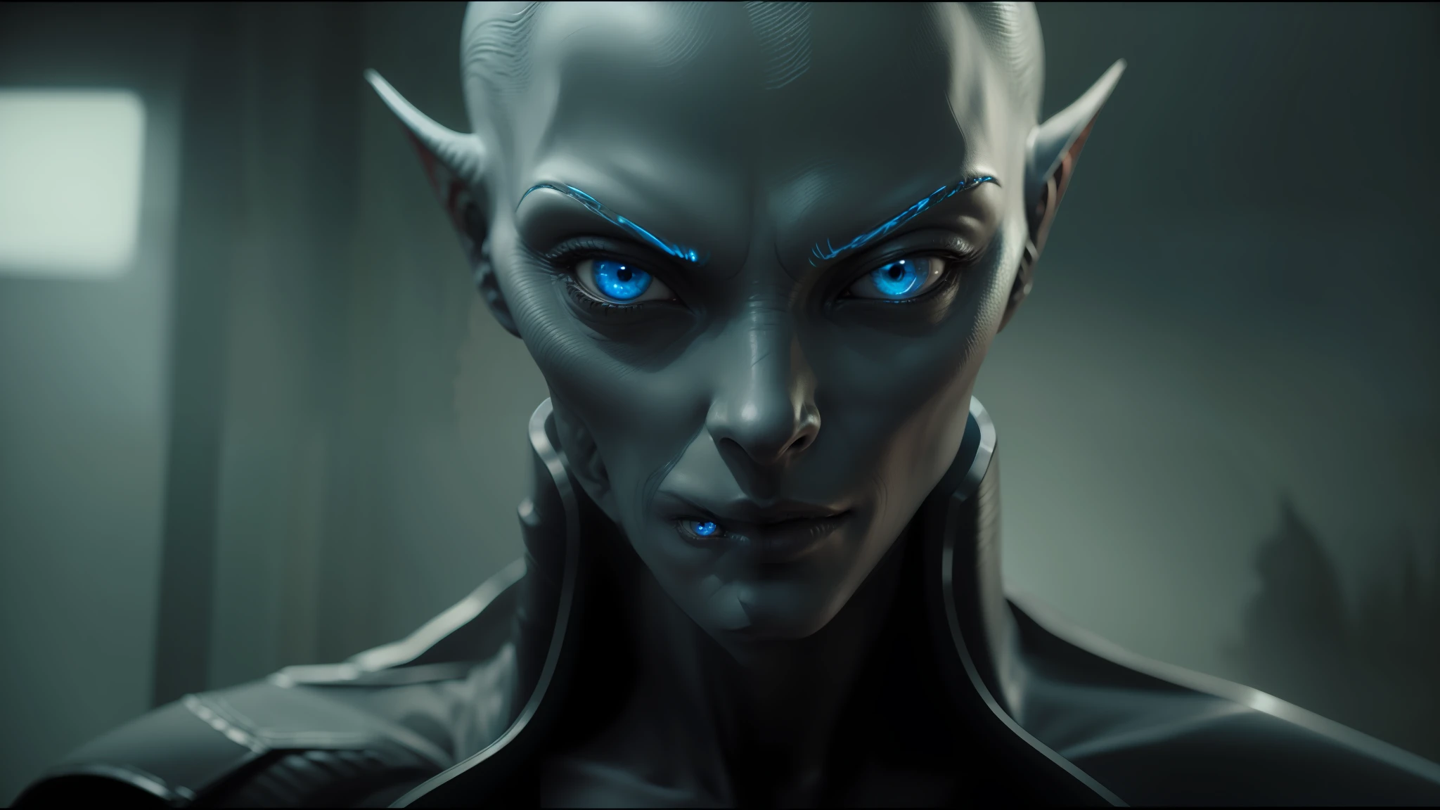 alien man with blue eyes and a black leather jacket, highly detailed vfx scene, elvish, grey aliens, 2 0 1 5 cinematography, portrait of female android, rendering of the windigo, without makeup, realistic skin shader, wearing robes of silver, stillframe --auto --s2
