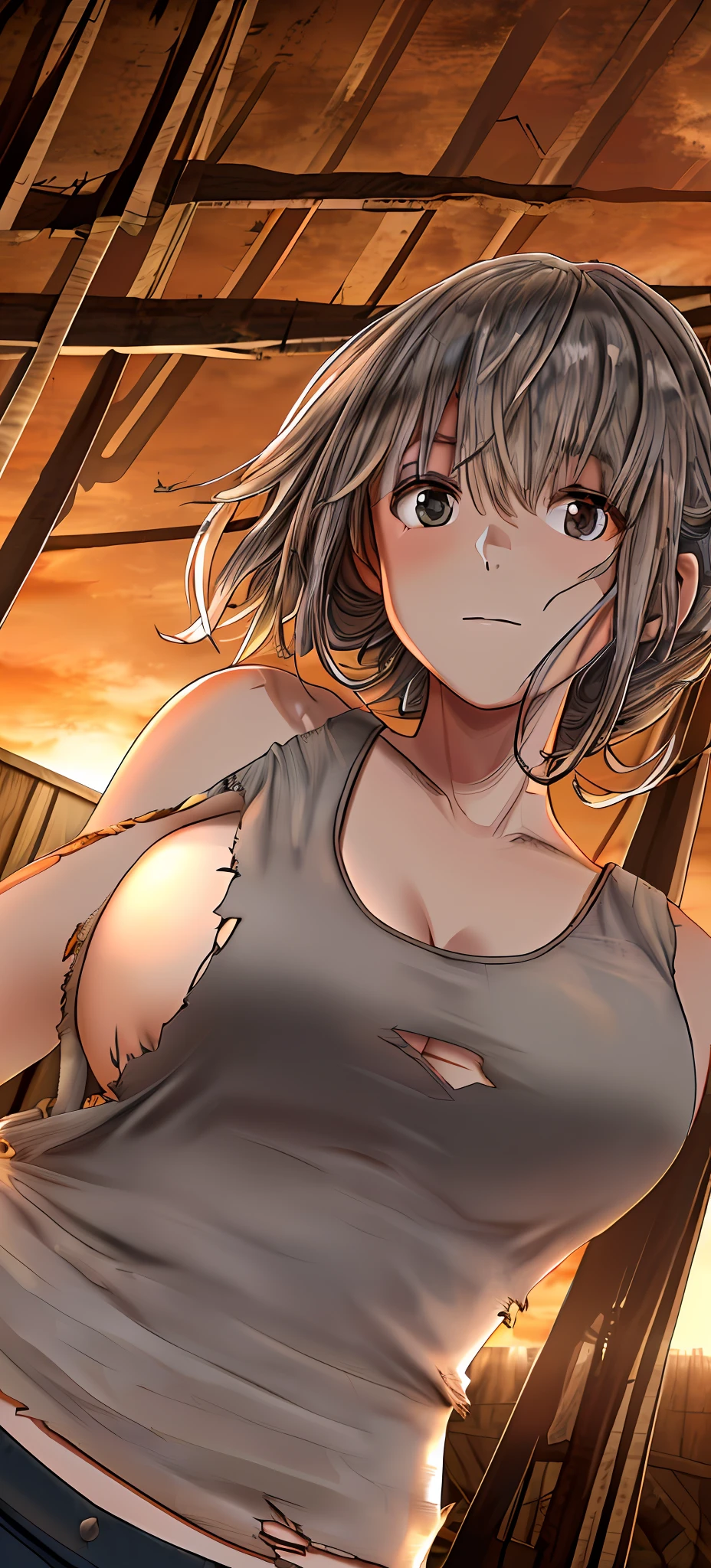 ((Woman in sexy, worn-out torn cotton tank top in cluttered barn)), ((Detailed and realistic face and eyes)), Cinematic lighting, 8K resolution, (Model shooting style), Sunset, (from_below:1.4), Soft little cover by (ripped cotton tank top) Natural breasts