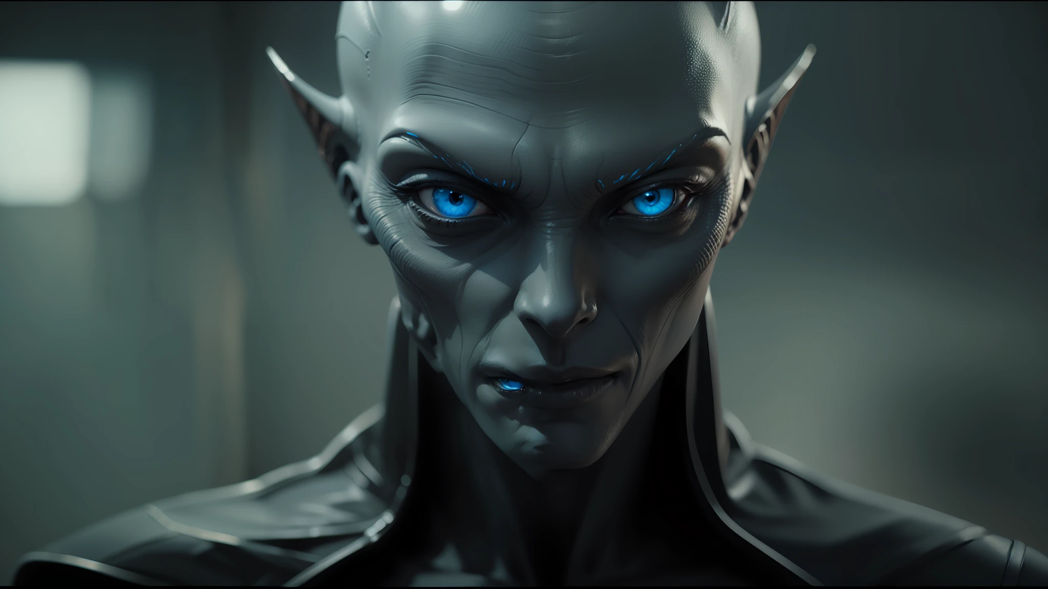 alien man with blue eyes and a black leather jacket, highly detailed vfx scene, elvish, grey aliens, 2 0 1 5 cinematography, portrait of female android, rendering of the windigo, without makeup, realistic skin shader, wearing robes of silver, stillframe --auto --s2