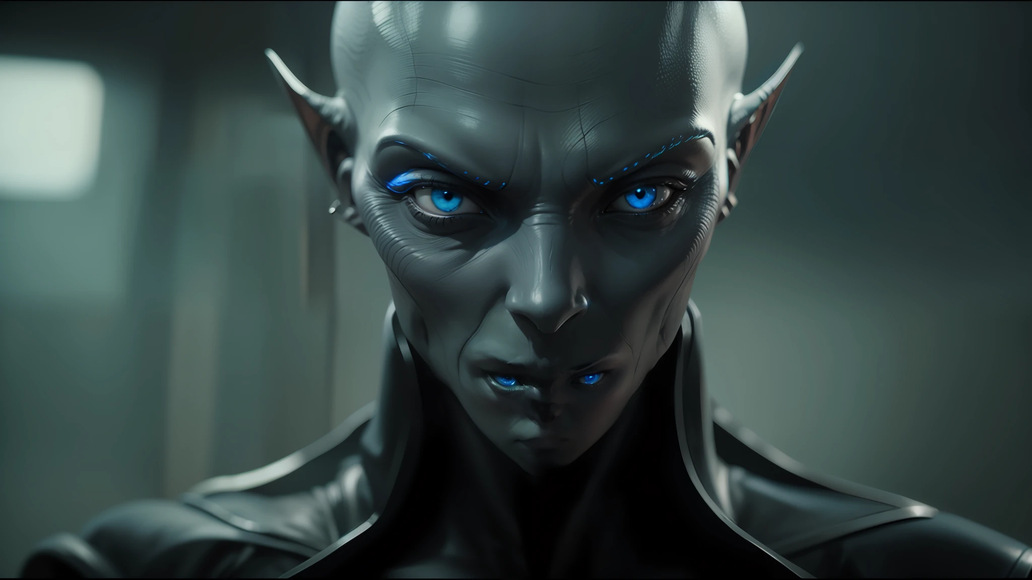 alien man with blue eyes and a black leather jacket, highly detailed vfx scene, elvish, grey aliens, 2 0 1 5 cinematography, portrait of female android, rendering of the windigo, without makeup, realistic skin shader, wearing robes of silver, stillframe --auto --s2