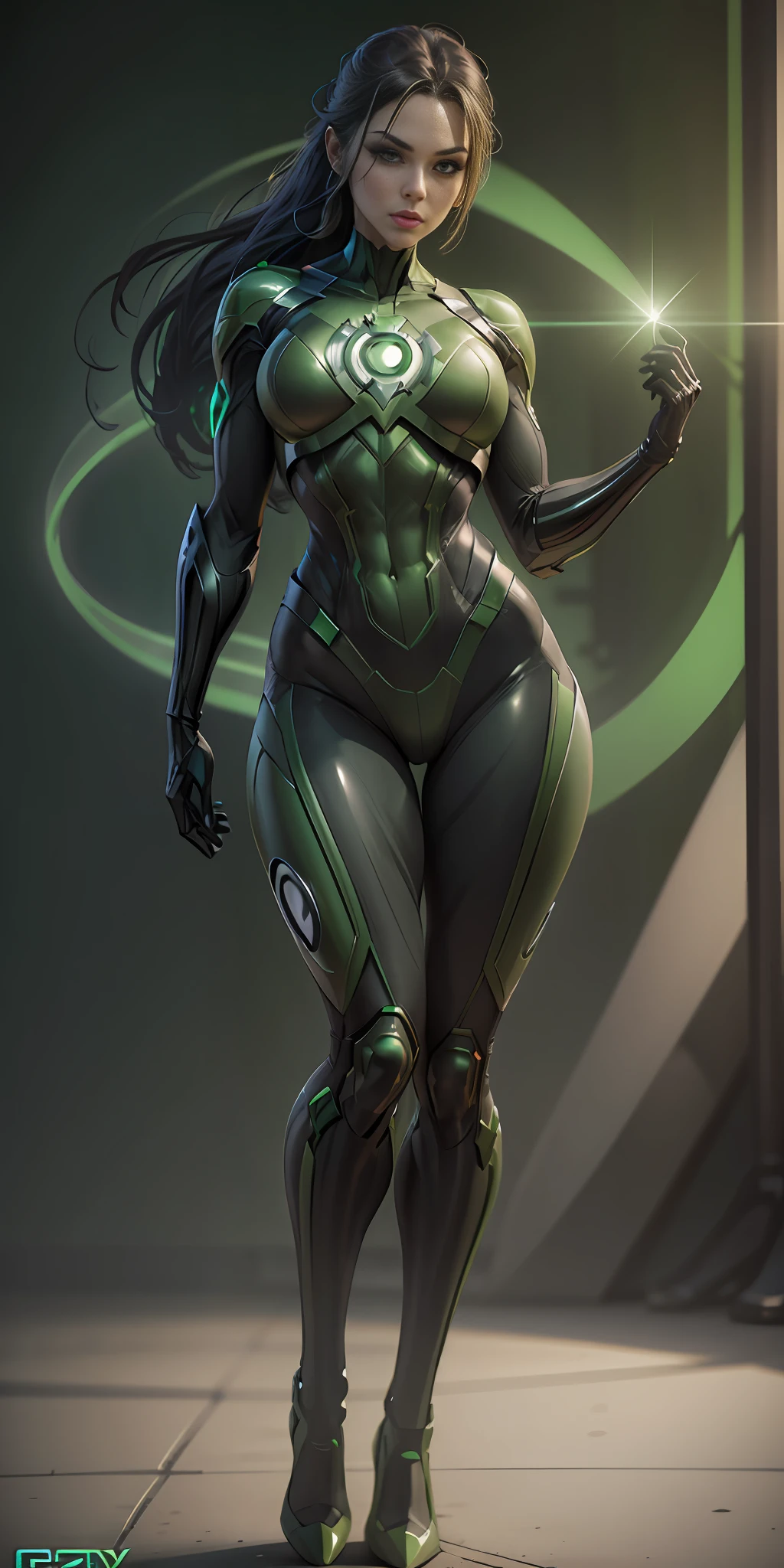 Woman dressed as Green Lantern from DC, frontal, full-length, looking at the camera, facing the audience, standing pose, simple background, three-dimensional light, detailed full-body concept, sleek digital concept art, beautiful full-body concept art, art trend, full-length CGsociety,