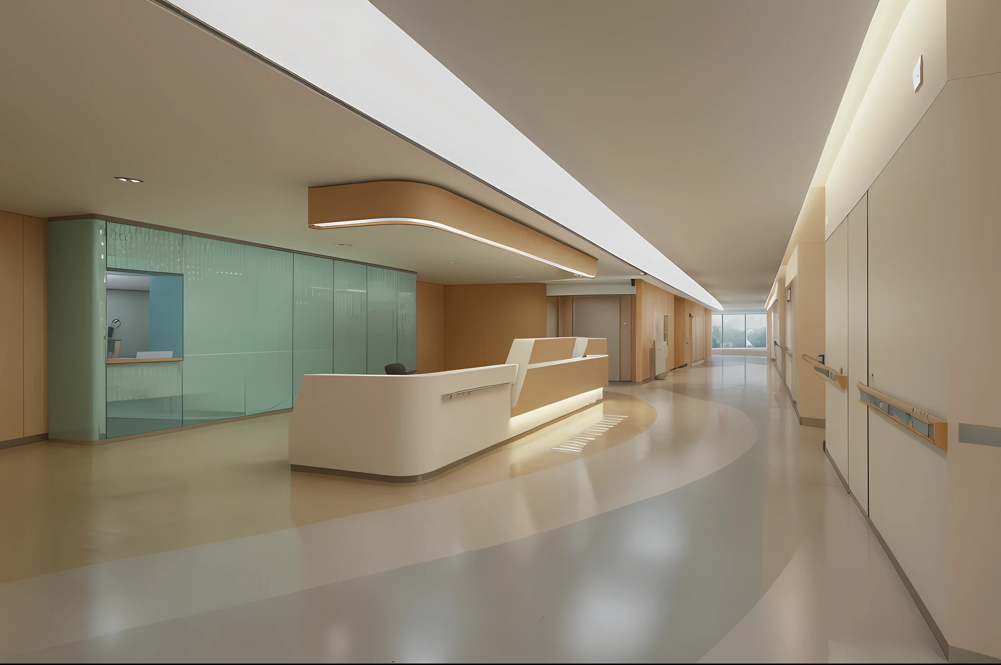 There is a long corridor, there is a reception desk and a large window, hospital interior, bright environment, textured, PVC floor material, medical research facilities, render with V-Ray, final render, render in Vray, digital render, headquarters render, render in POVray, high detail render, final render, architectural 3D rendering, render in Enscape, digital rendering, render in Vray, clean medical environment --auto --s2