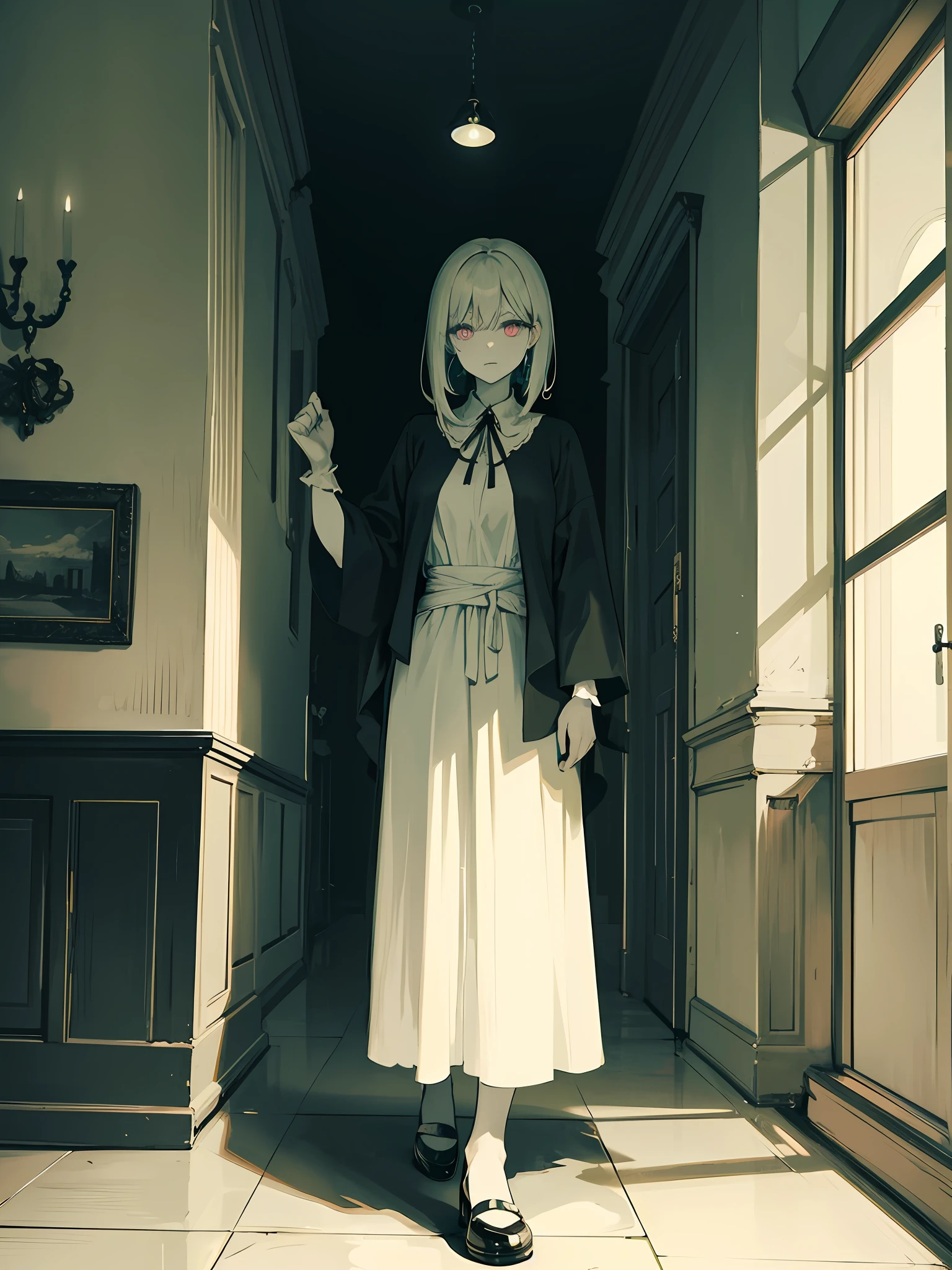 An extremely eerie woman with a terrifying corridor in the background. The background of the whole picture may be an old building or a corridor inside a mansion, and these elements add more history and culture to the woman.
The colors of the picture are dominated by dull and cold tones, creating an eerie and terrifying atmosphere. This woman may have a pale face, dark eyes look very strange, and she may be wearing an ancient dress or robe, which is mysterious and unsettling.