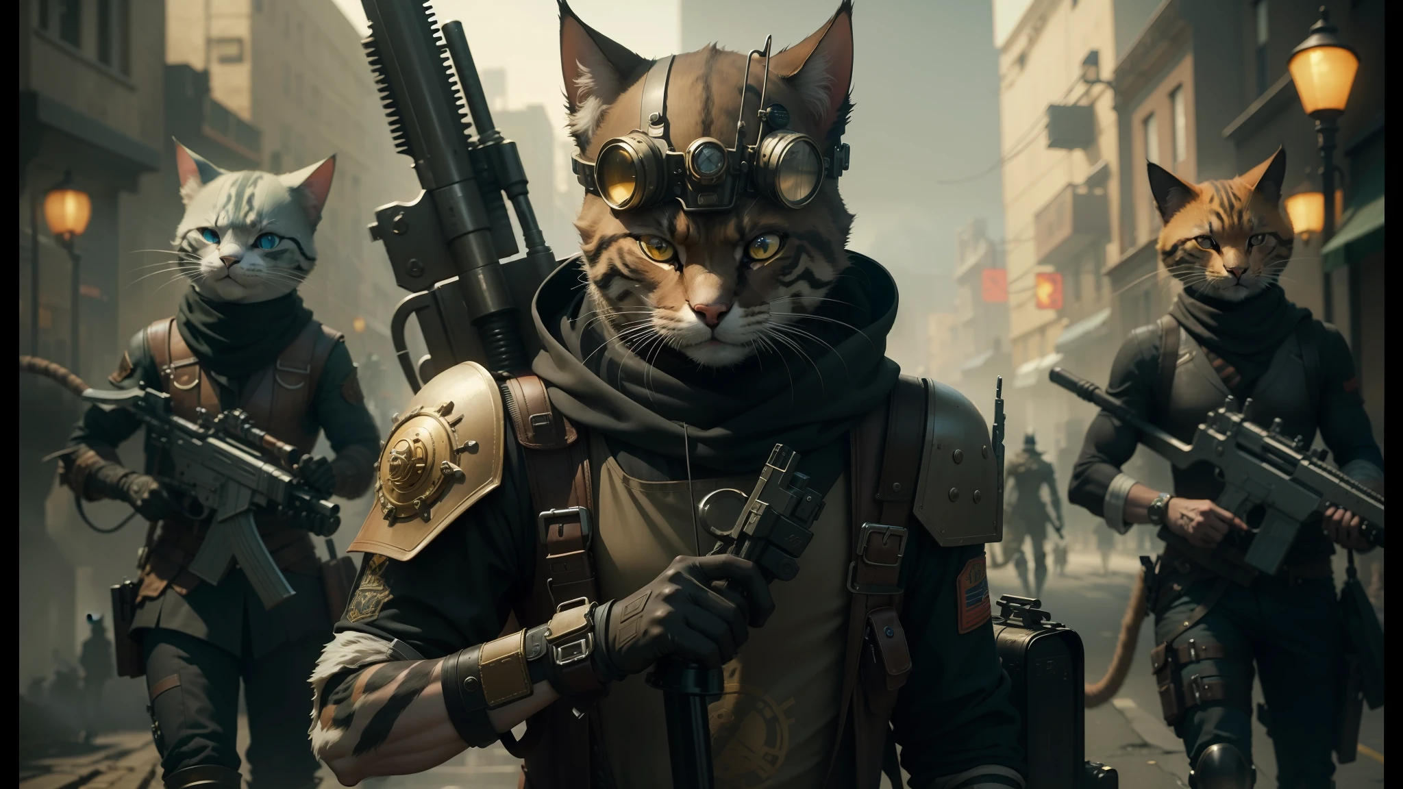 there are many cats that are walking in the street with weapons, cyber steampunk 8 k 3 d, stunningly detailed, cinematográfica, an anthropomorphic gangster rat, post - apocalyptic warriors, trending on cgisociety, death + robots series of netflix, ravnica --auto --s2