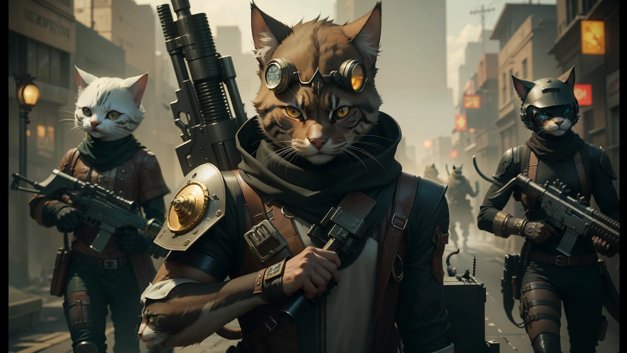 there are many cats that are walking in the street with weapons, cyber steampunk 8 k 3 d, stunningly detailed, cinematográfica, an anthropomorphic gangster rat, post - apocalyptic warriors, trending on cgisociety, death + robots series of netflix, ravnica --auto --s2