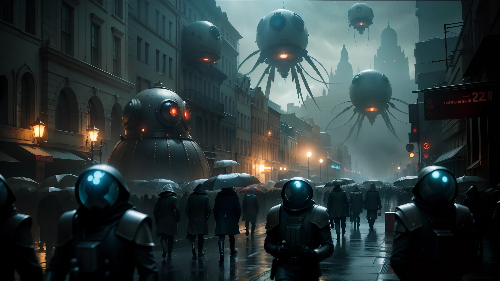 there are many people walking down the street with giant alien heads, denis villeneuve cinematography, inspired by Albert Joseph Pénot, pixelsquid, from overlord, during a biohazard apocalypse, parade setting, vfx action shot, eldritch horrors --auto --s2