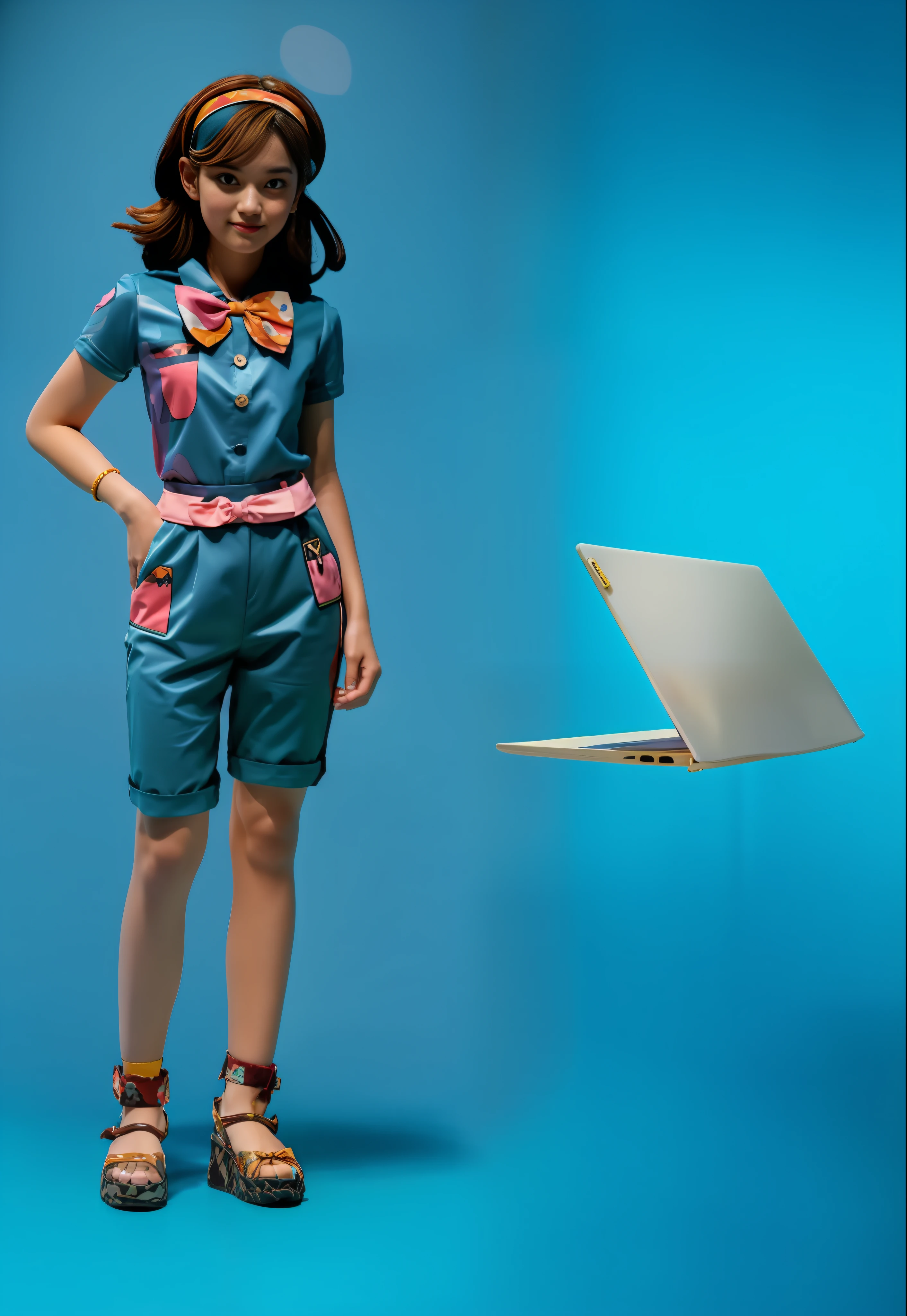 New or college girl in a shirt, slightly more mature, Dopamine dressing is a fashion concept that refers to a style of dressing that enhances one's mood and well-being by wearing bright, colorful and vibrant clothes, this concept is derived from the name dopamine, a neurotransmitter associated with happiness and reward, 3DMM style, (masterpiece, best quality), intricate details, 1 girl, solo, bea \ (Pokemon \), bow headband, printed shirt, tie shirt, Printed shorts, knee pads, sandals, looking at the audience, full body picture, full body image, full body